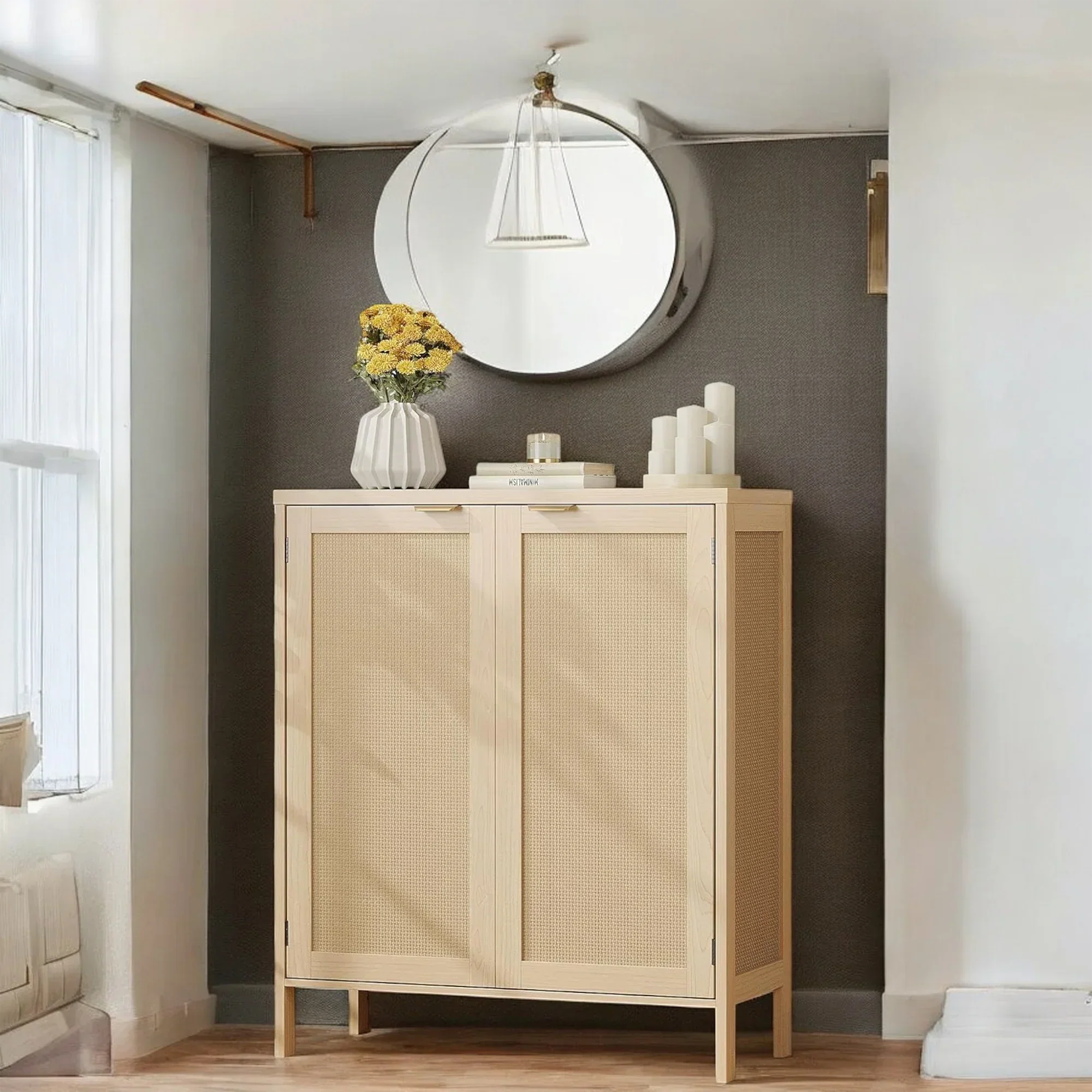 Modern Natural Rattan Shoe Cabinet with Adjustable Shelves