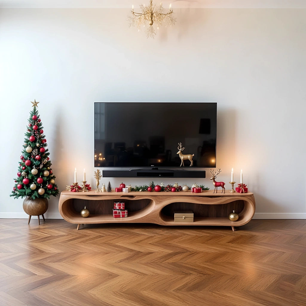 Modern Organic Solid Wood TV Stand with Sculptural Curved Design - Rustira