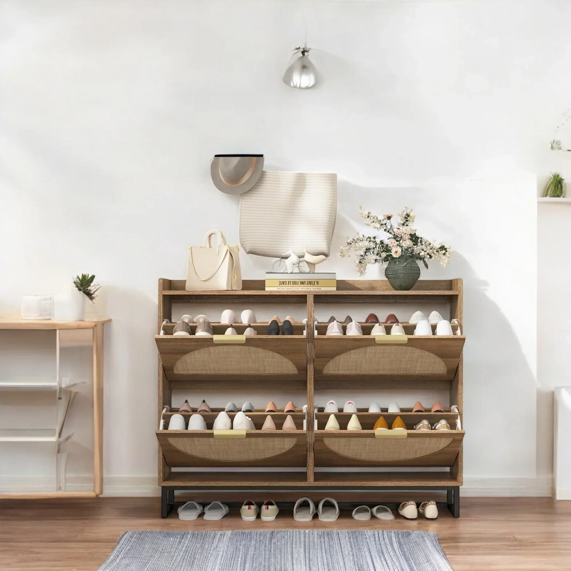 Modern Rattan-Style 4-Tier Shoe Cabinet with Slim Storage Design