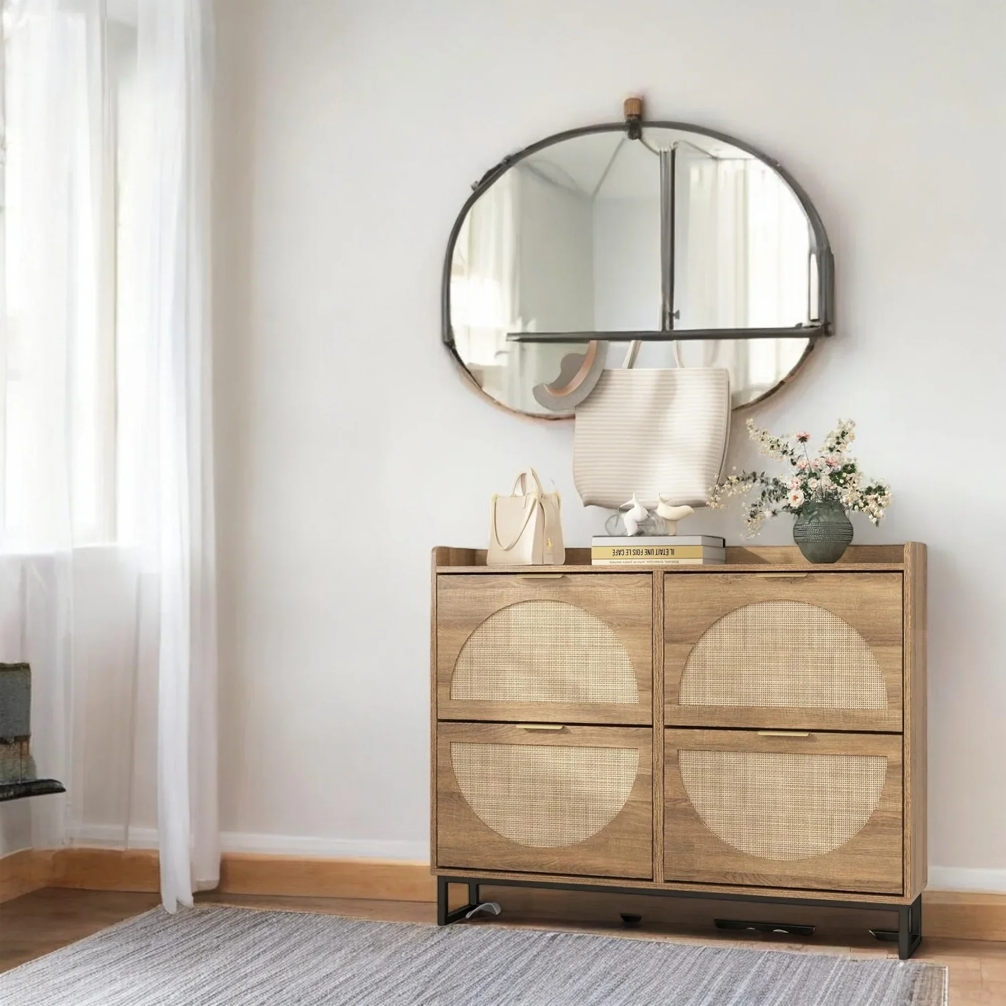 Modern Rattan-Style 4-Tier Shoe Cabinet with Slim Storage Design