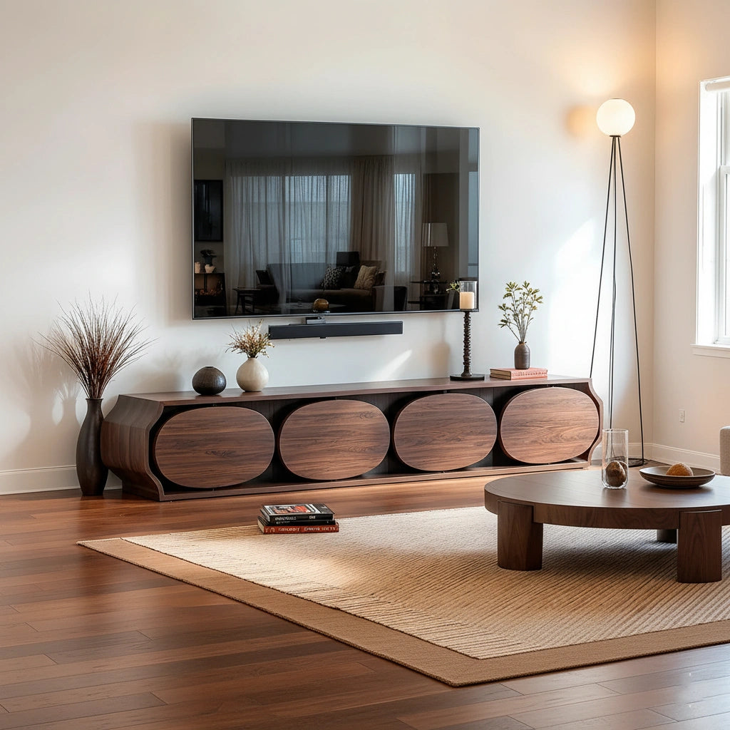 Modern Round-Panel Walnut TV Console With Sculpted Curves - Rustira