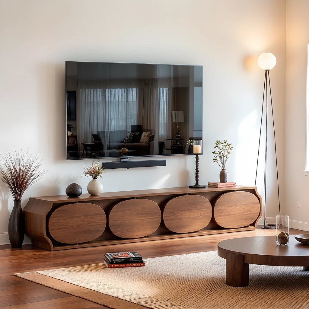 Modern Round-Panel Walnut TV Console With Sculpted Curves - Rustira