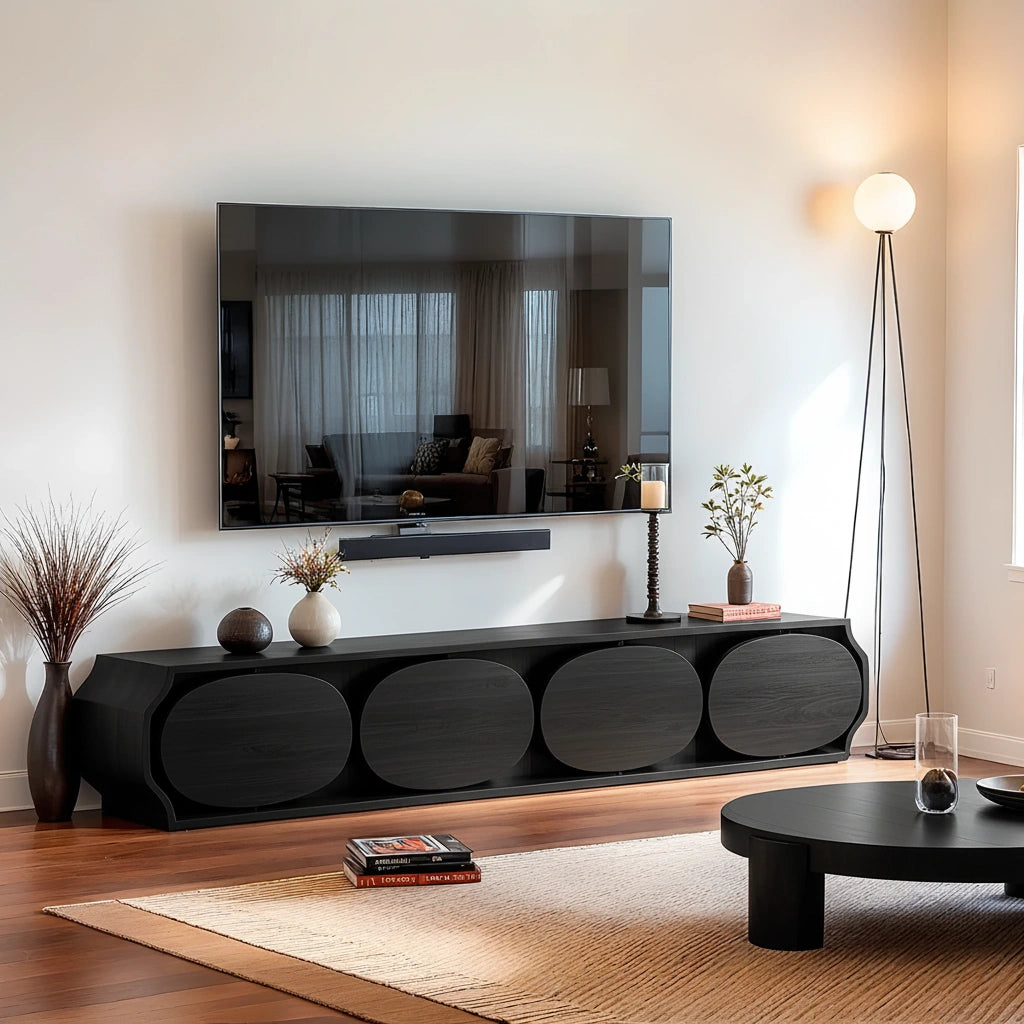 Modern Round-Panel Walnut TV Console With Sculpted Curves - Rustira