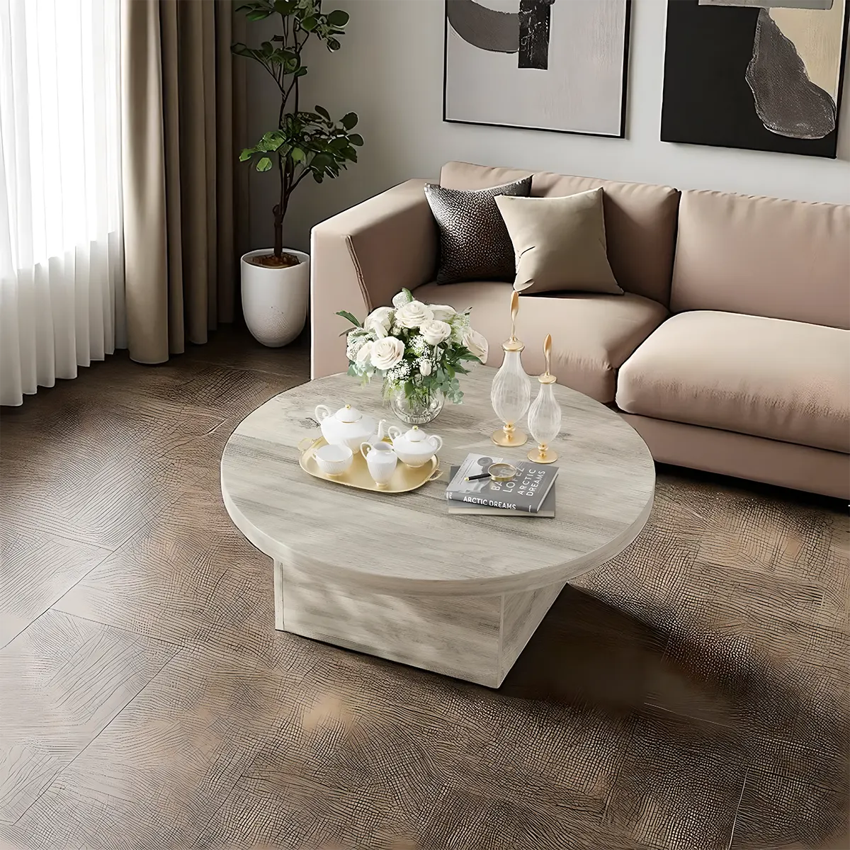 Modern Round Wooden Coffee Table – Nordic Design, Sturdy Box Legs