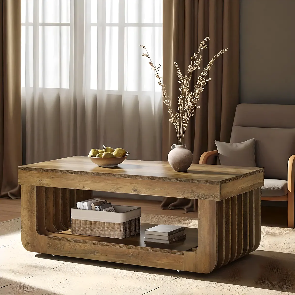 Modern Slatted Wood Coffee Table, Elegant & Cozy