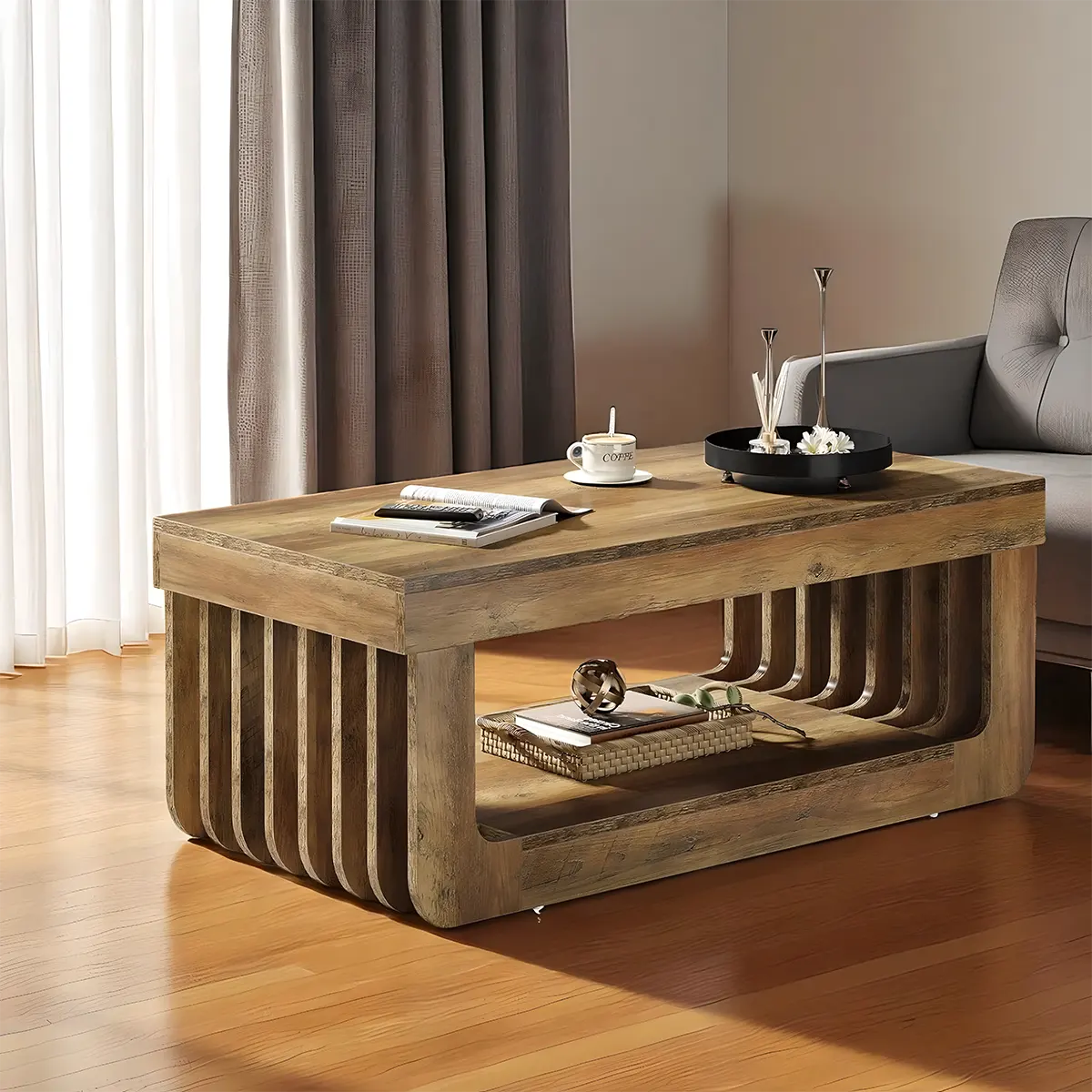 Modern Slatted Wood Coffee Table, Elegant & Cozy