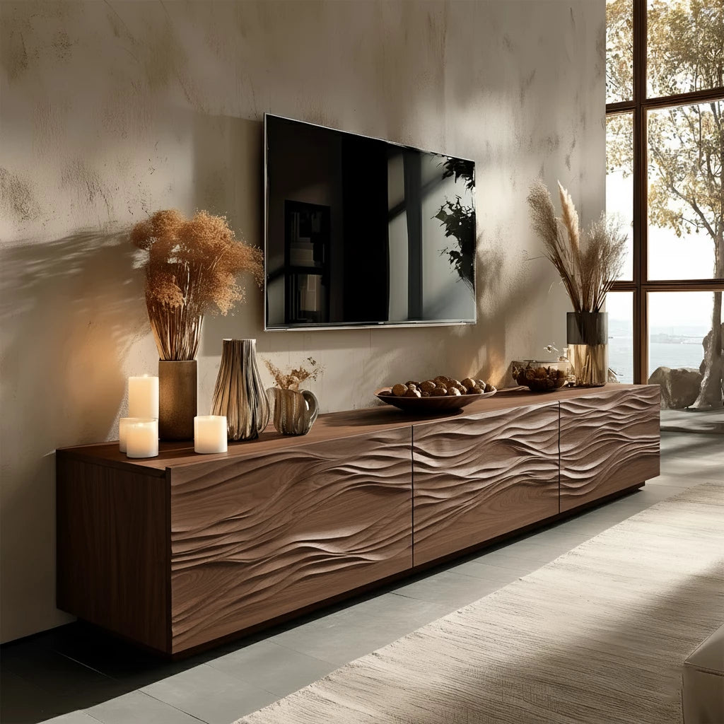Modern Wavy Solid Wood TV Stand – Sculpted Minimalist Media Console - Rustira