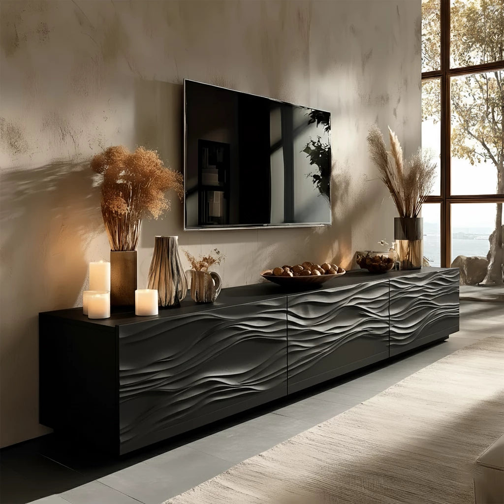 Modern Wavy Solid Wood TV Stand – Sculpted Minimalist Media Console - Rustira