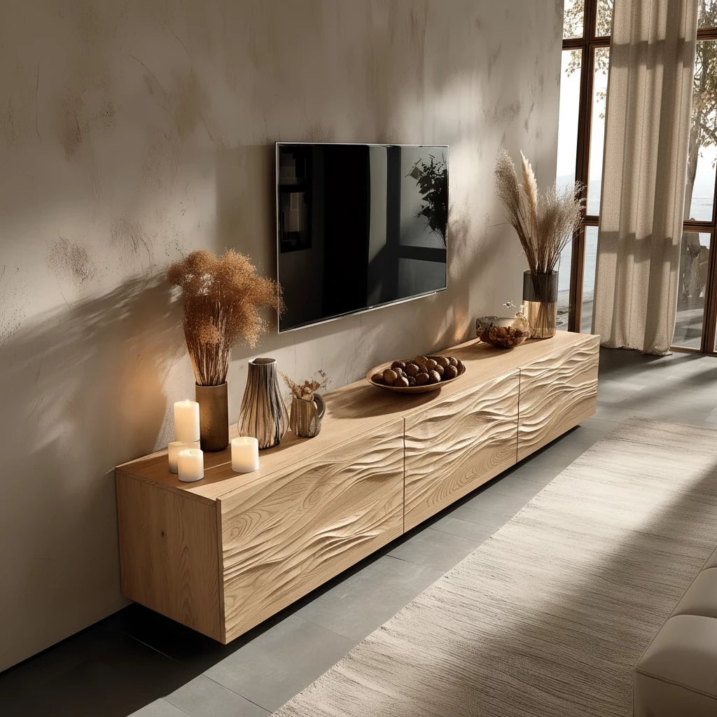 Modern Wavy Solid Wood TV Stand – Sculpted Minimalist Media Console - Rustira
