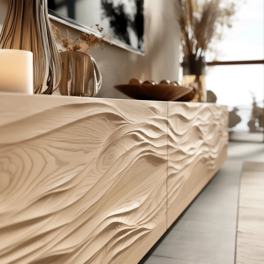 Modern Wavy Solid Wood TV Stand – Sculpted Minimalist Media Console - Rustira