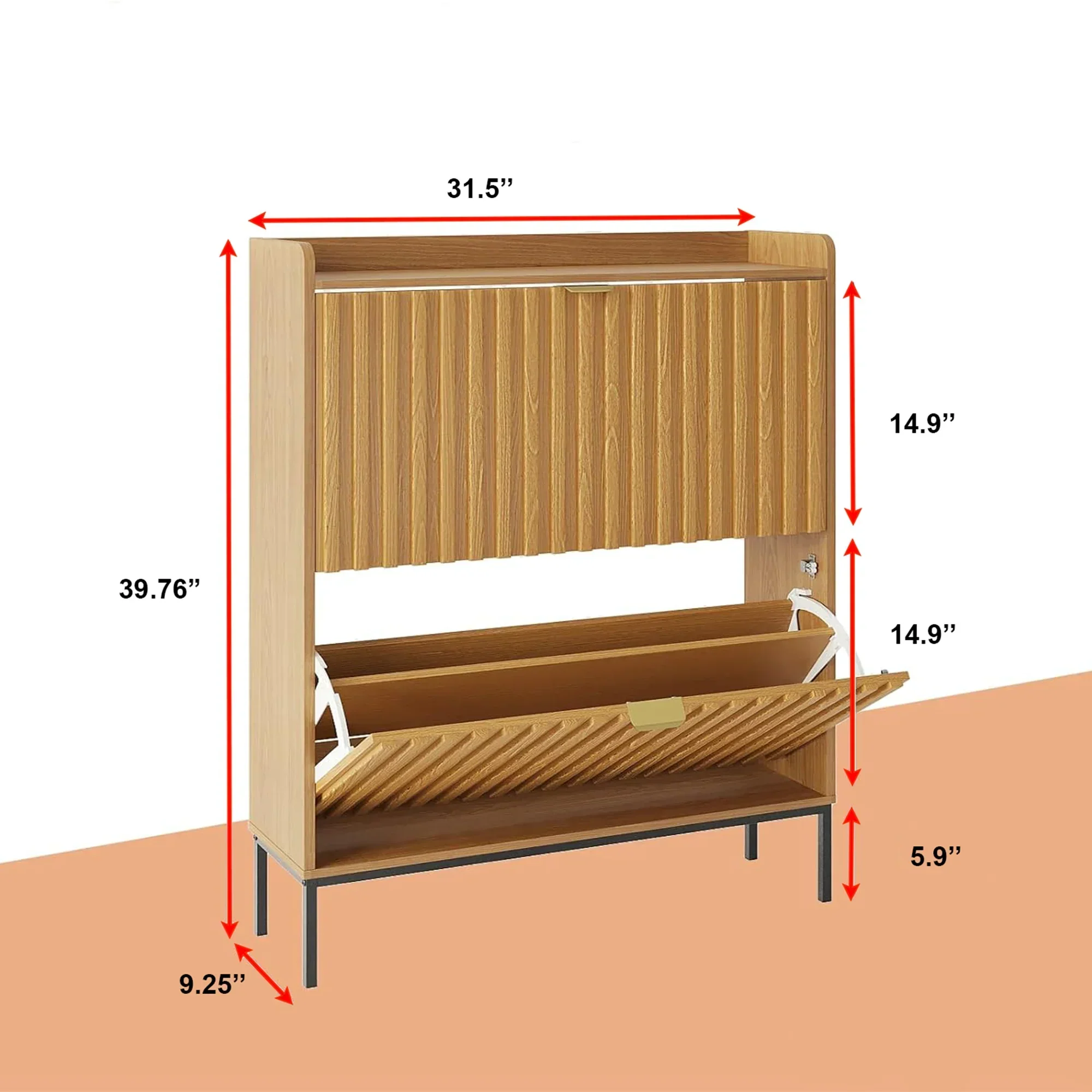 Modern Wood Grain Shoe Cabinet with Flip Drawers & Open Shelf