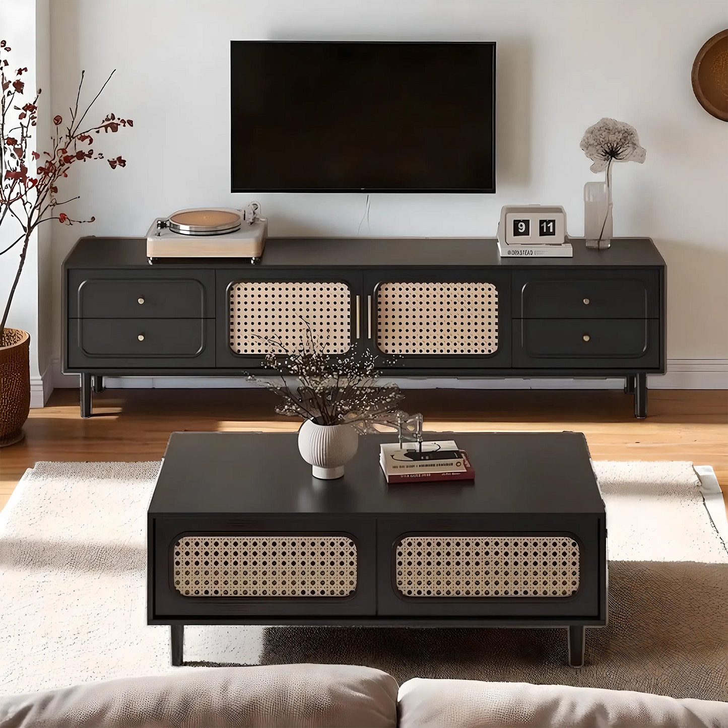 Modern, high-class solid wood TV shelf & tea table with rattan woven