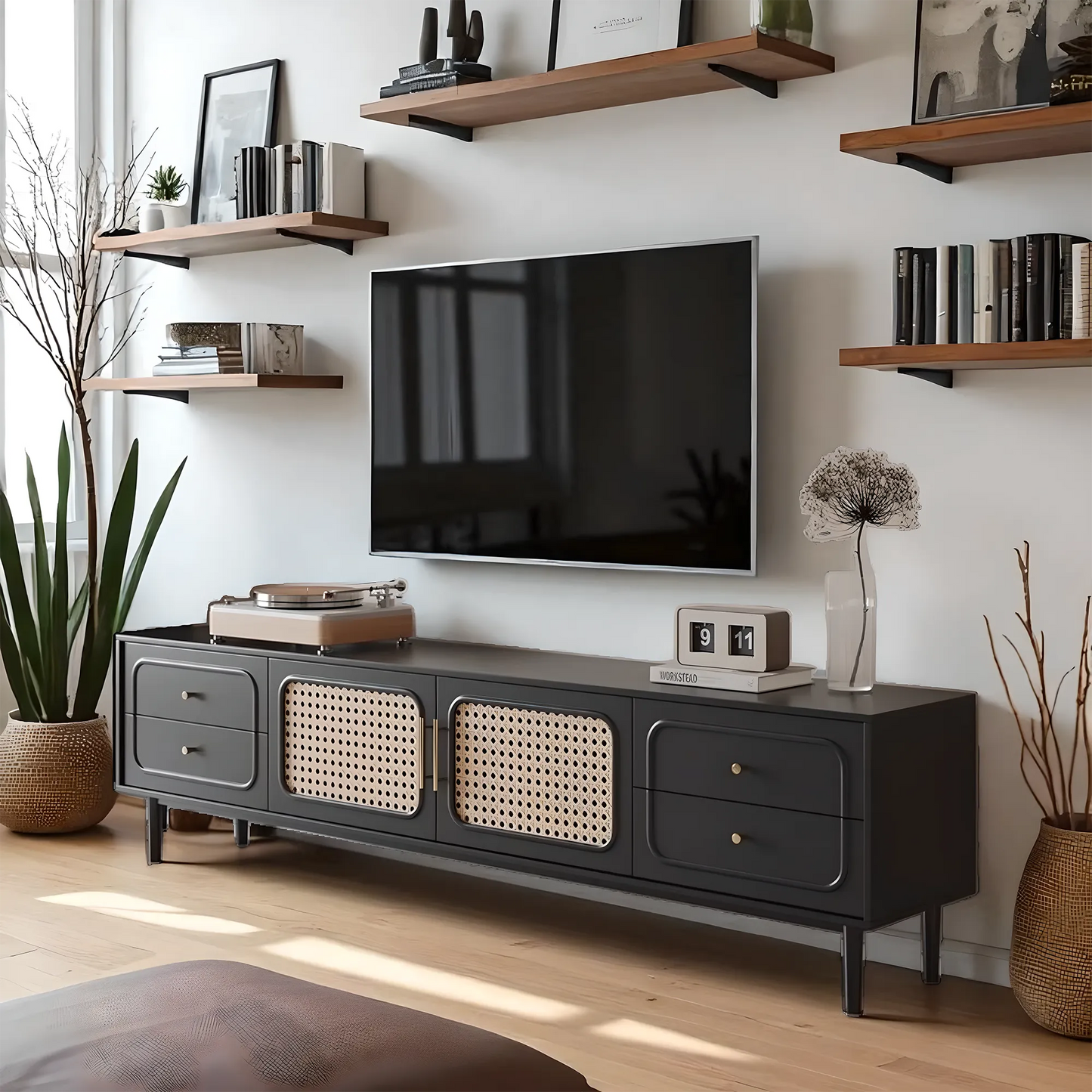 Modern, high-class solid wood TV shelf & tea table with rattan woven