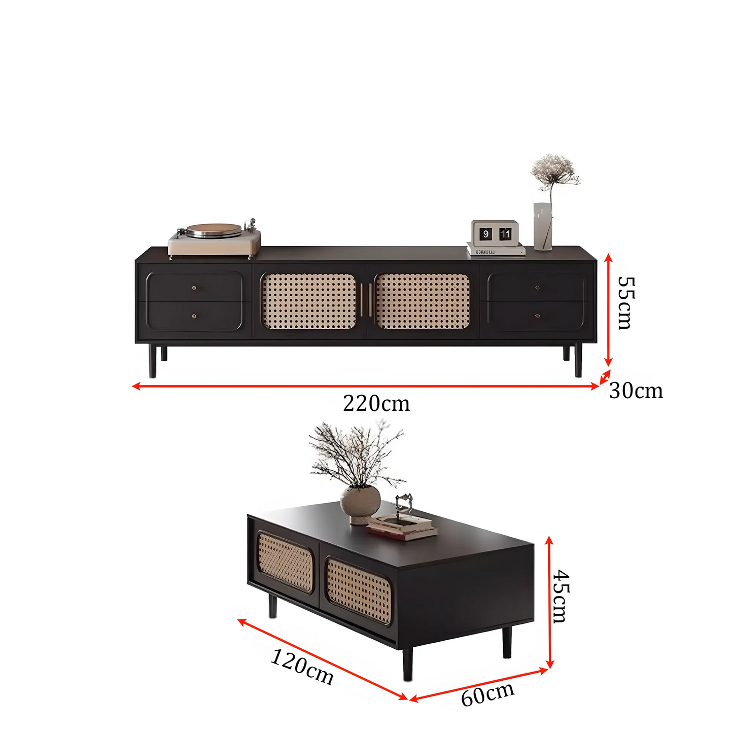 Modern, high-class solid wood TV shelf & tea table with rattan woven