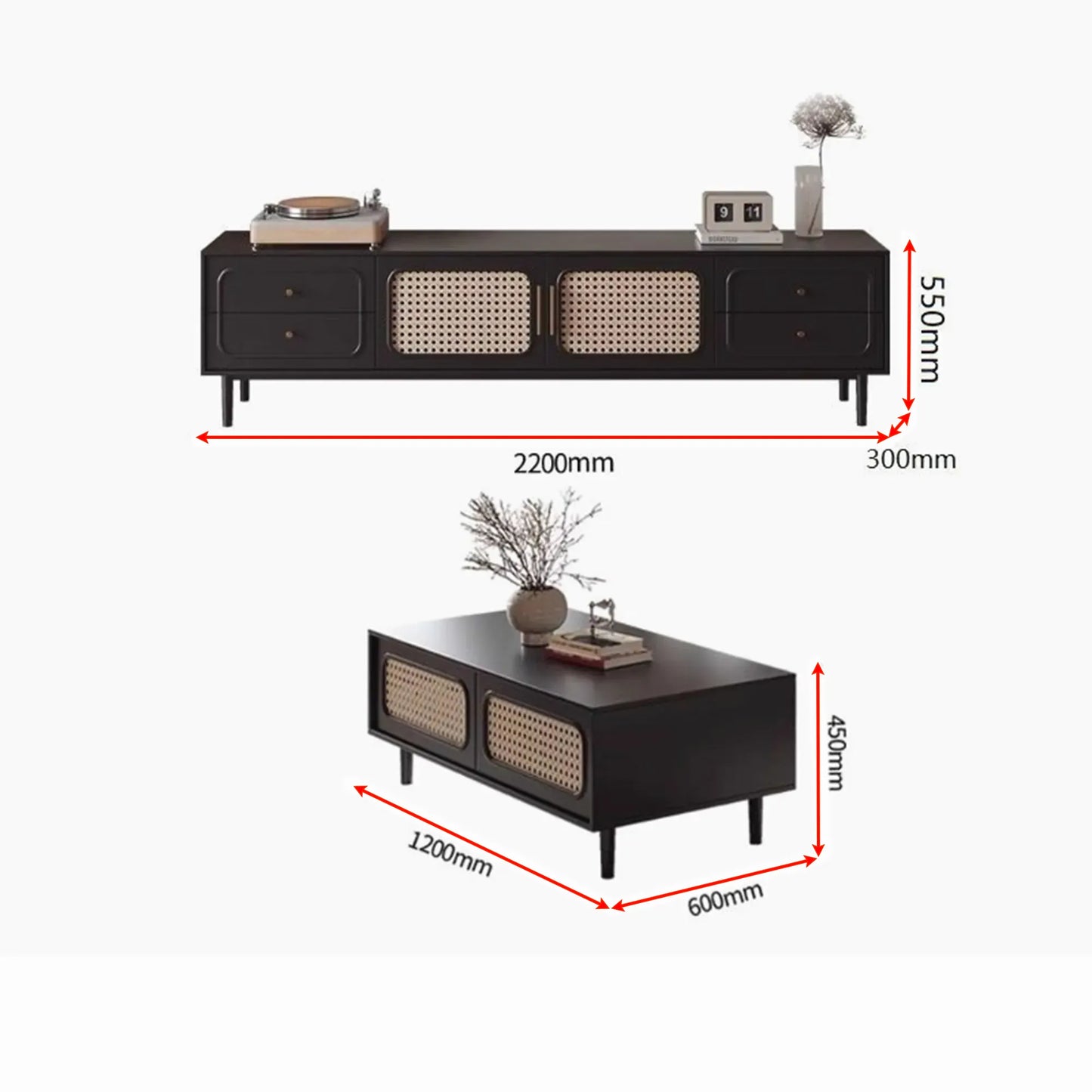 Modern, high-class solid wood TV shelf & tea table with rattan woven