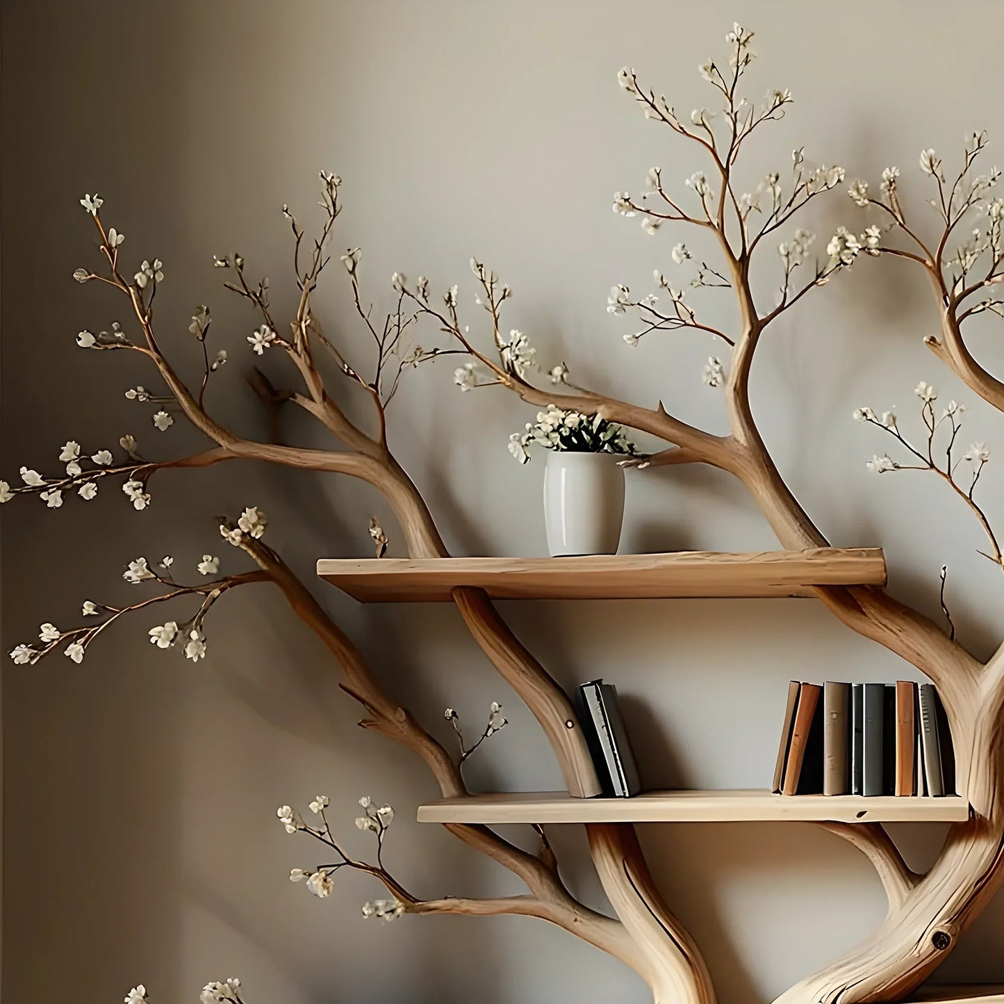 Modern rustic bookshelf in tree shape. Perfect for living rooms, nurseries, or reading nooks.