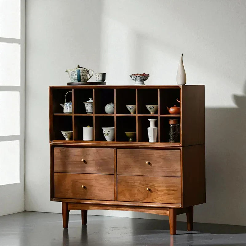 Multi-Compartment Wooden Tea Cabinet – Solid Wood Storage - Rustira