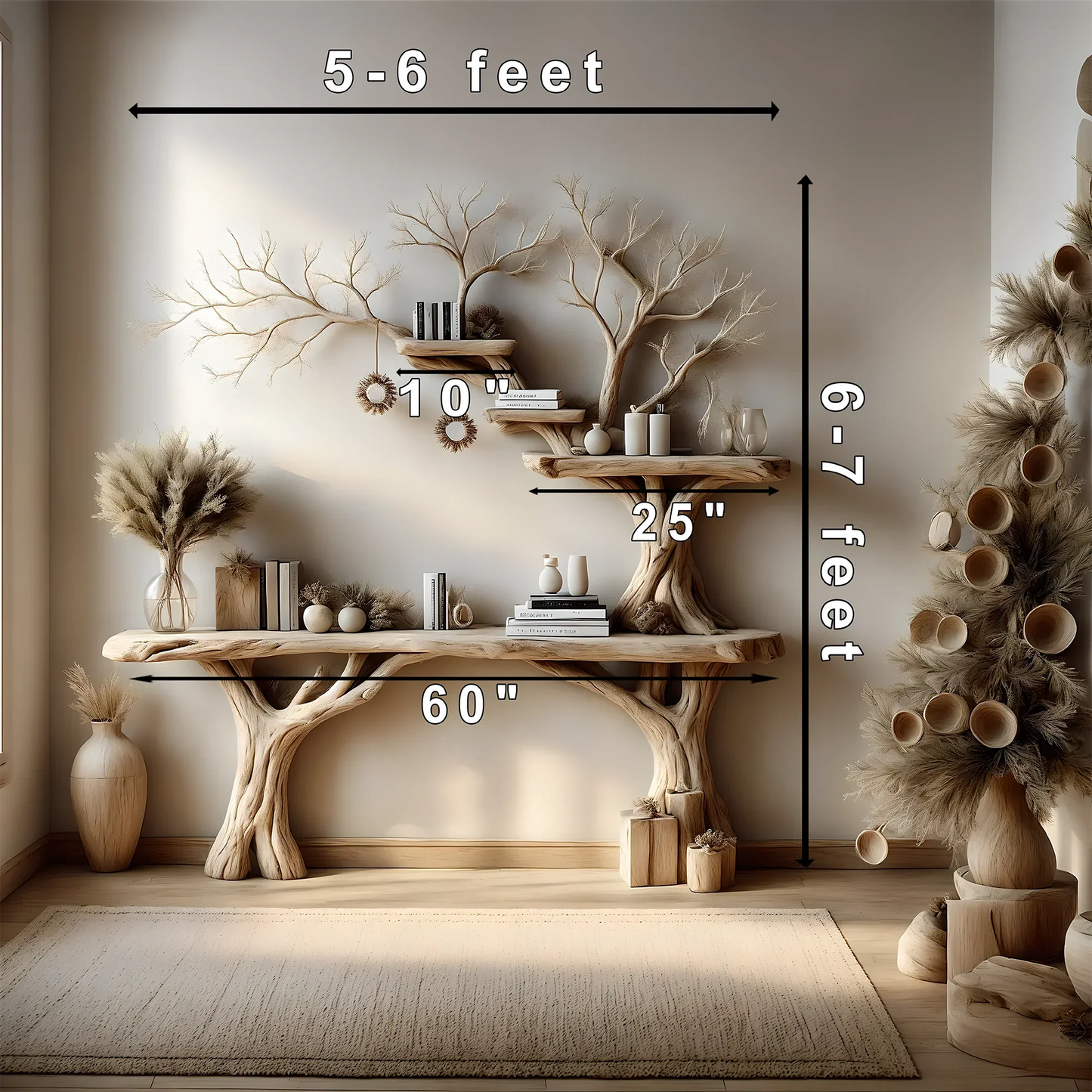 Narrow table with twig bookshelf, Entrance living edge table, Farm table rustic handmade console table natural wood