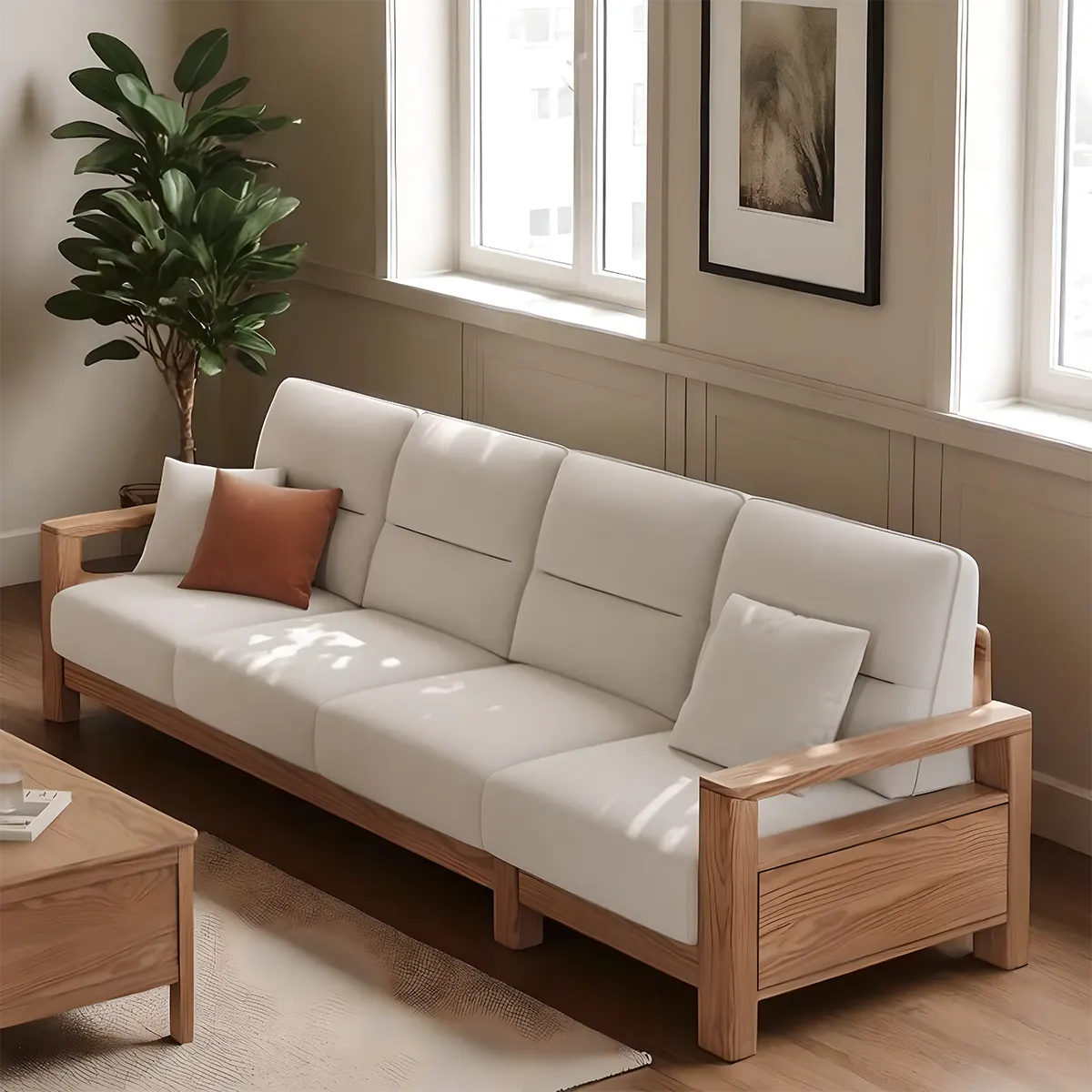 Natural Ash Wood Sofa Covered with High-Quality Fabric – Modern Minimalist Design
