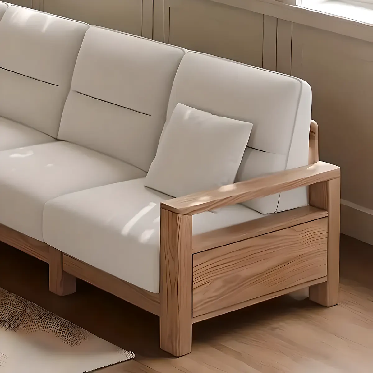 Natural Ash Wood Sofa Covered with High-Quality Fabric – Modern Minimalist Design
