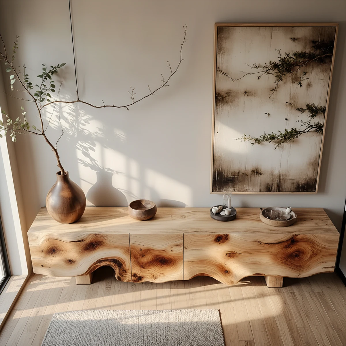 Natural Burl Flow Solid Wood TV Console – Wabi Sabi Organic Design - Rustira