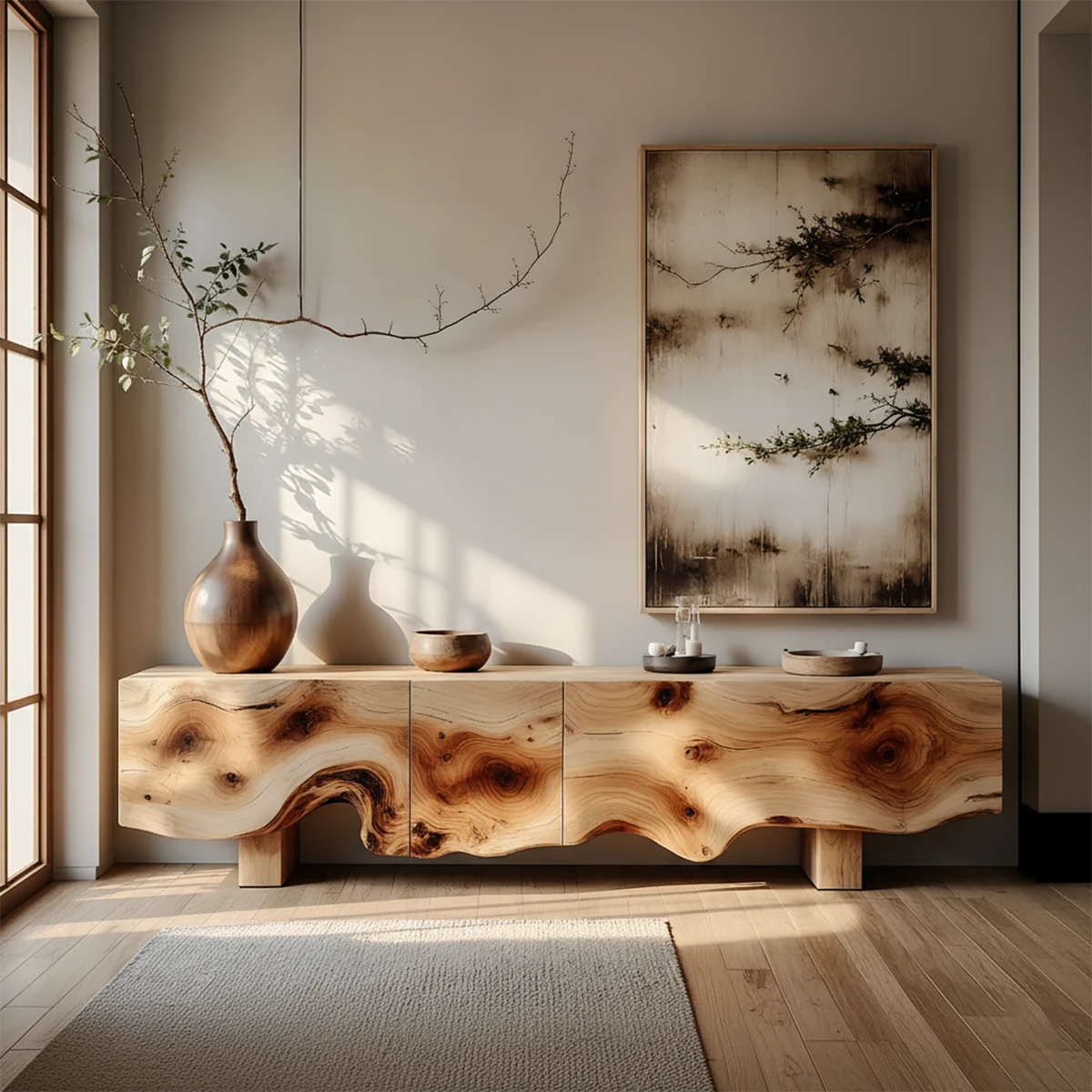 Natural Burl Flow Solid Wood TV Console – Wabi Sabi Organic Design - Rustira