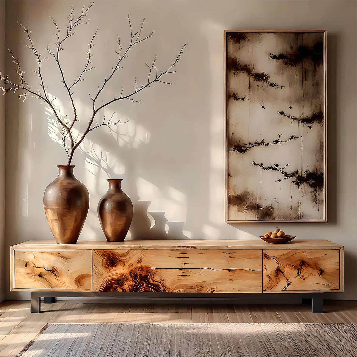 Natural Burl Grain Solid Wood TV Stand – Japandi Art Console - Rustira