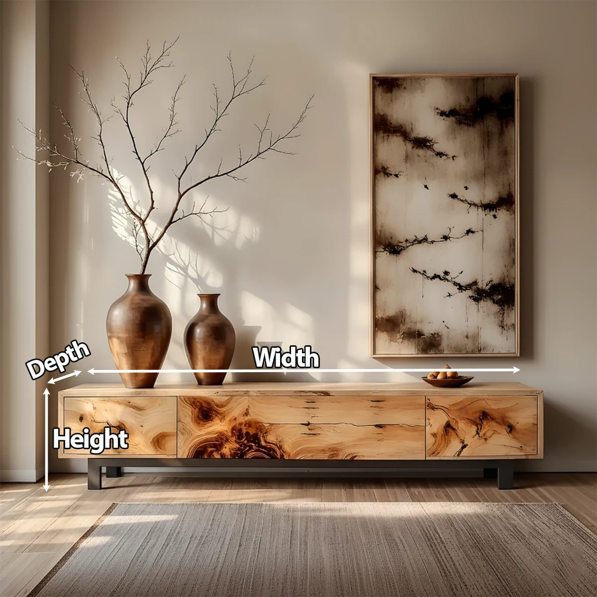 Natural Burl Grain Solid Wood TV Stand – Japandi Art Console - Rustira