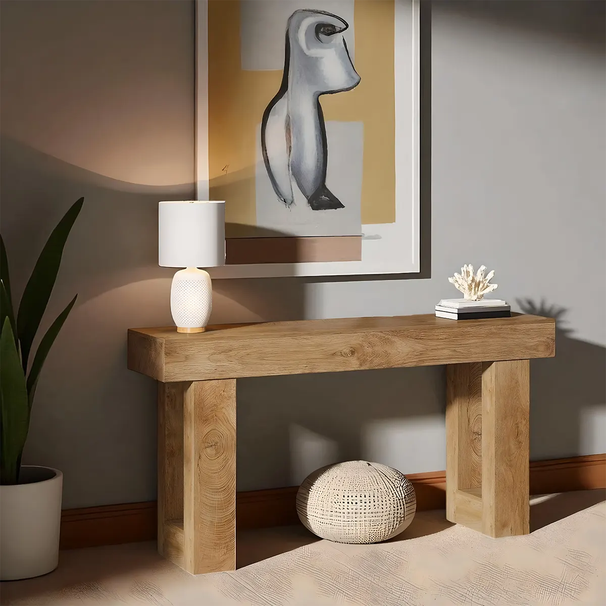 Natural Oak Console Table – Minimalist Design, 63″ x 14″ x 34″