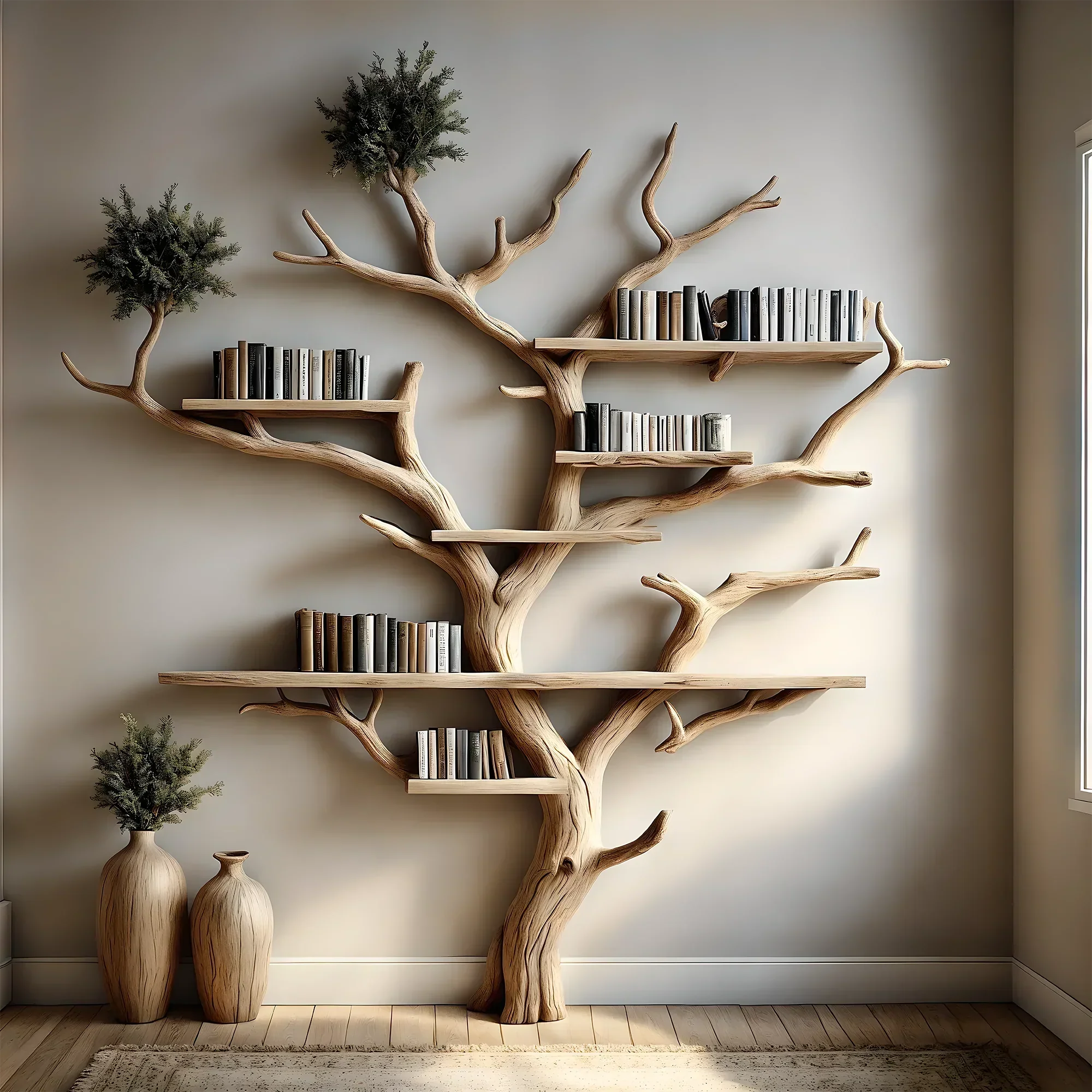 Natural wooden tree-shaped bookshelf decorates the living room with tree branches and solid wood furniture