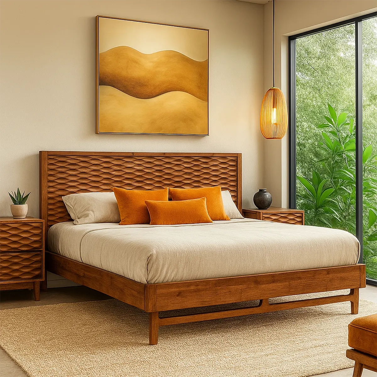 Natural Wood Bed Modern Design - Sturdy, Luxurious - Rustira