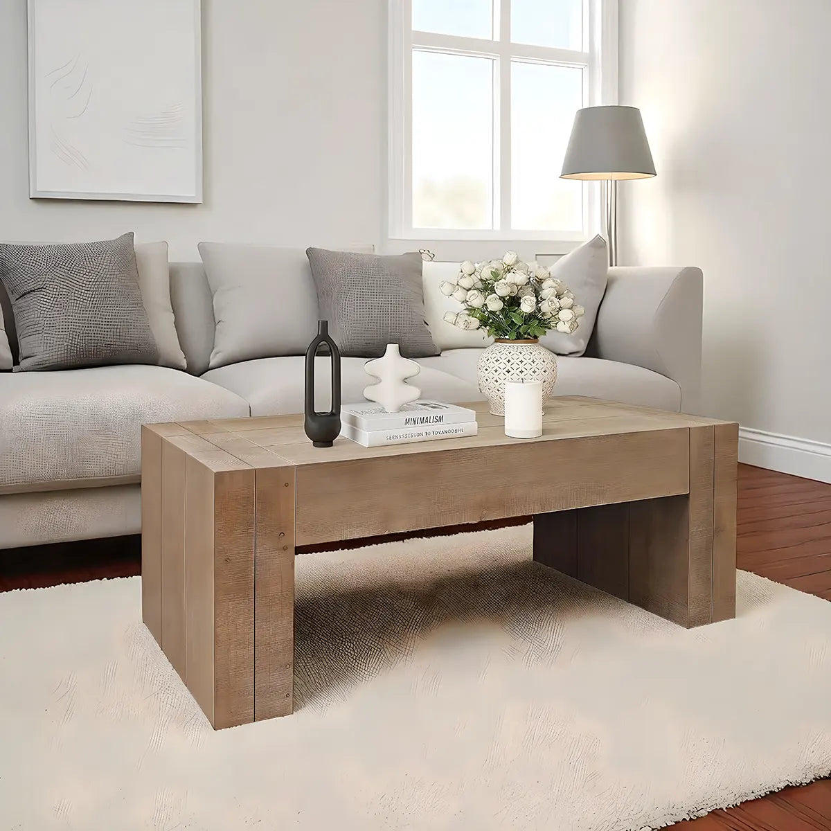 49″ Natural Wood Coffee Table – Minimalist Style, Holds up to 100lbs