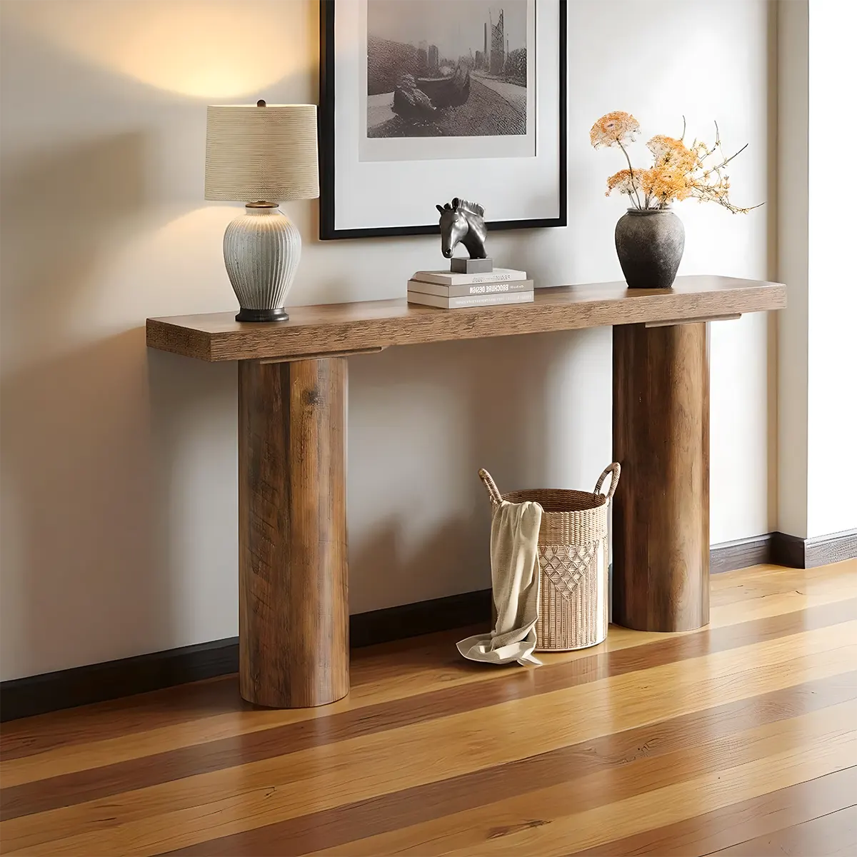 Natural Wood Console Table with Round Pillar Legs – 63 Inches Long, Modern Style