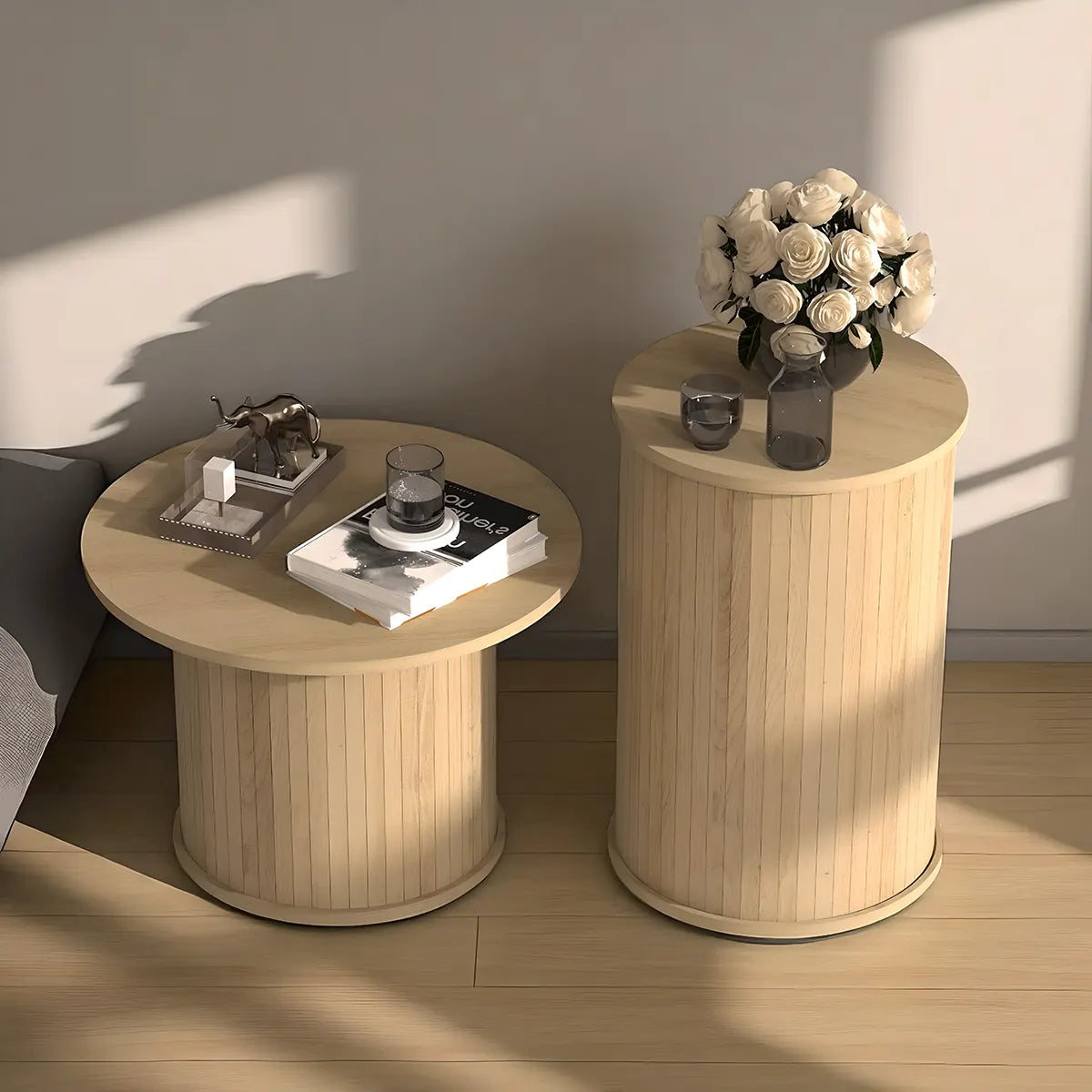 Natural Wood Round Coffee Table Set – Large Size 55cm & Small Size 38cm – Modern Nesting Design