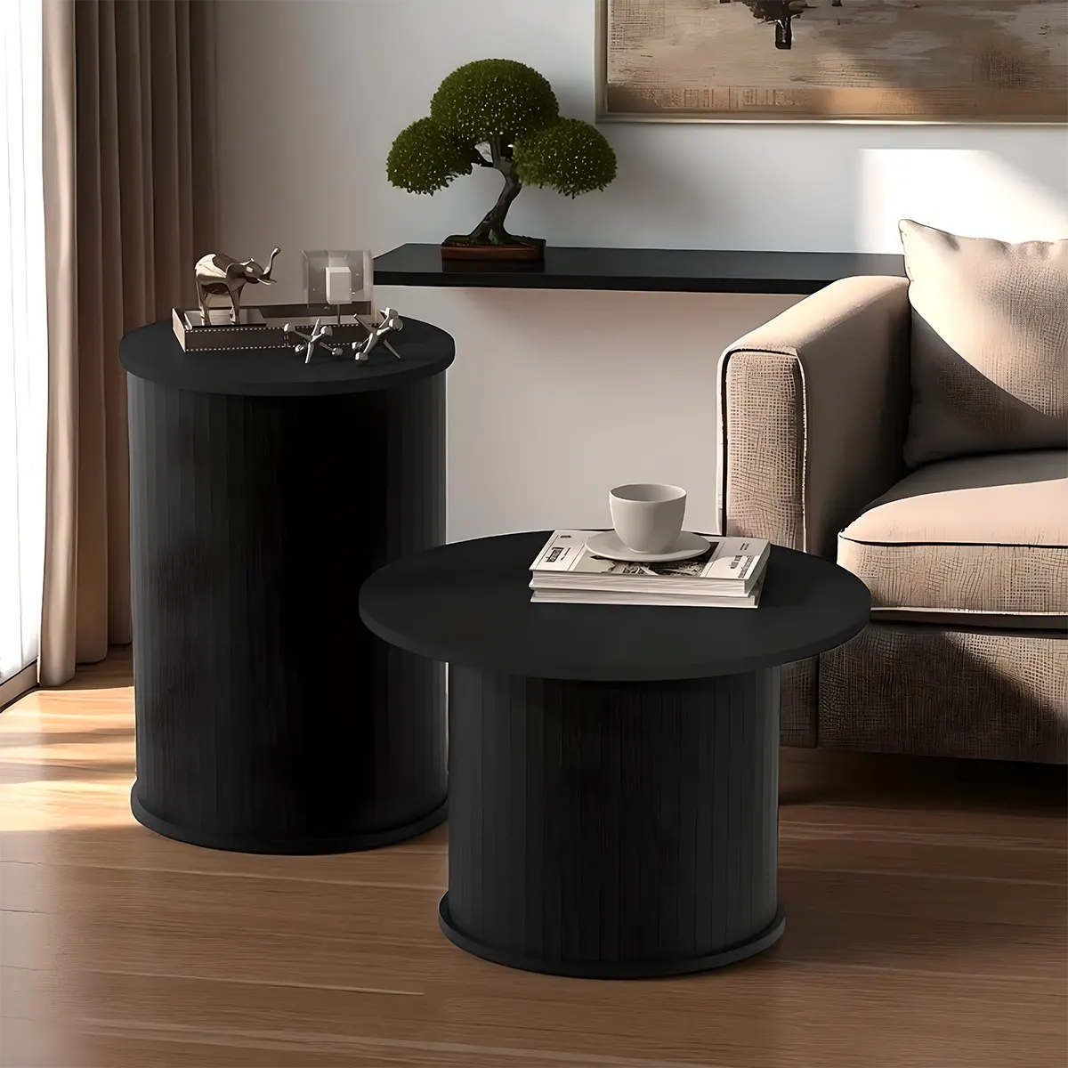 Natural Wood Round Coffee Table Set – Large Size 55cm & Small Size 38cm – Modern Nesting Design