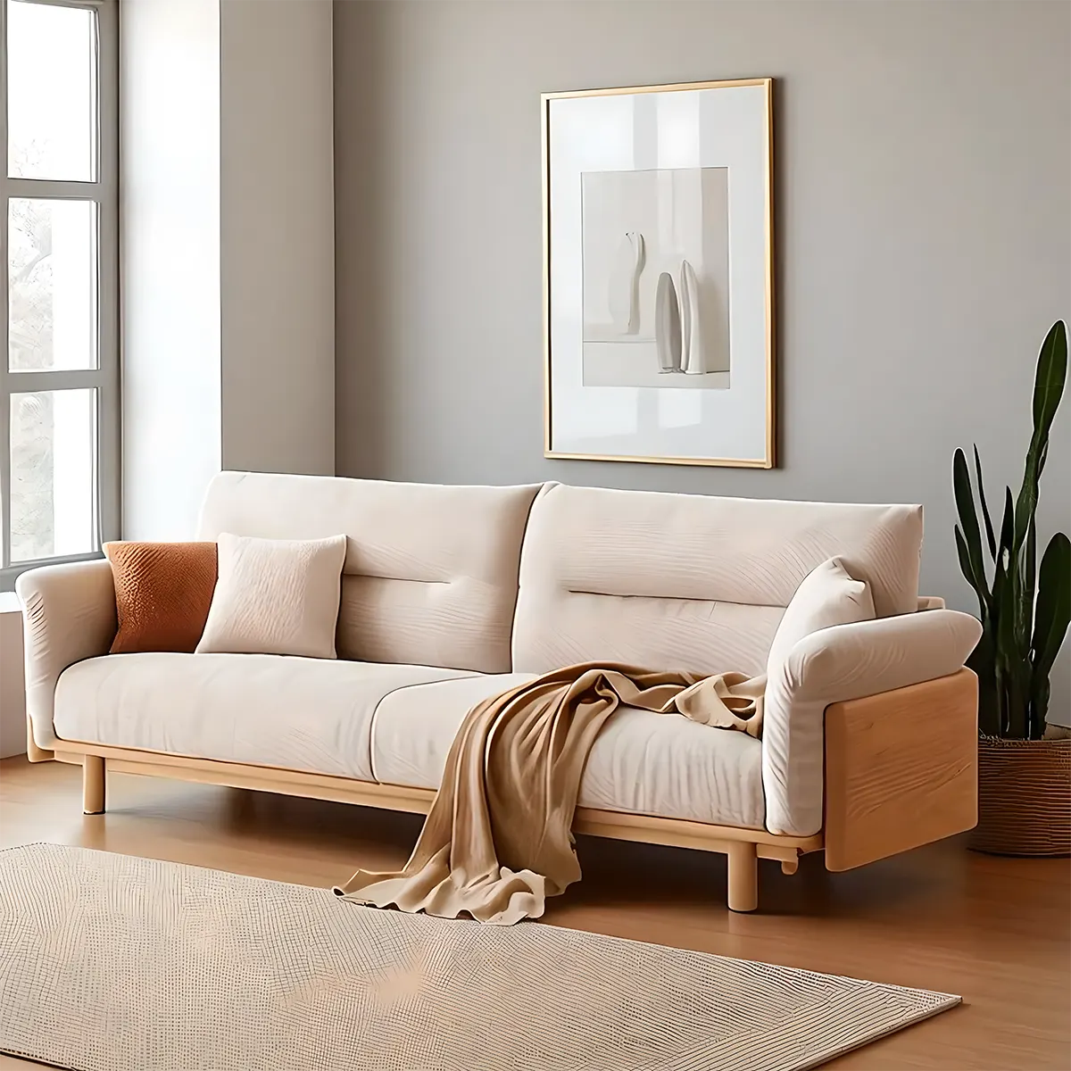 Natural ash wood sofa – sturdy frame, bright wood grain, modern design