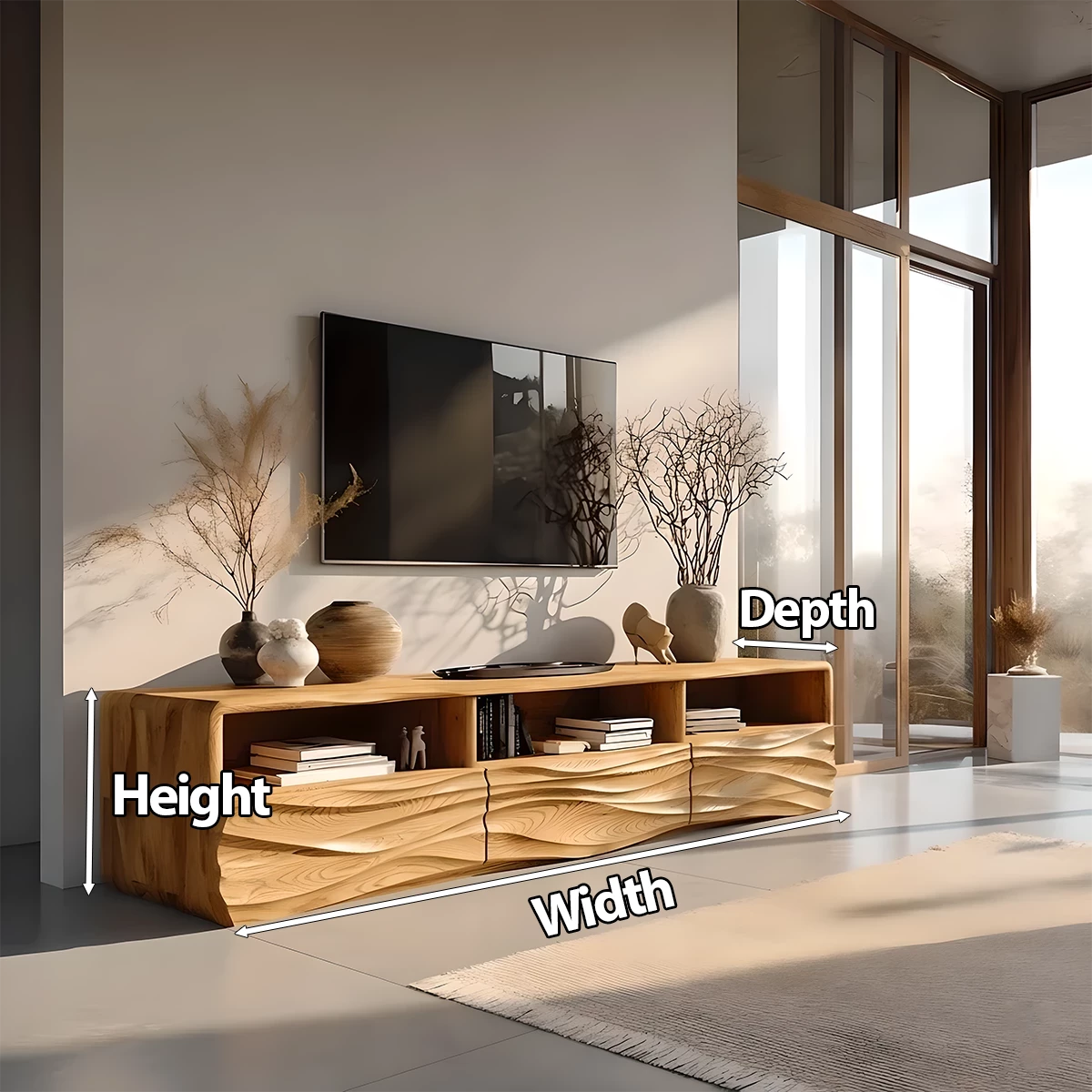 Oak Sculpted TV Stand with Open Shelves – Japandi Media Console - Rustira