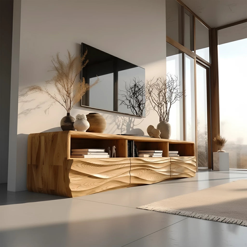 Oak Sculpted TV Stand with Open Shelves – Japandi Media Console - Rustira