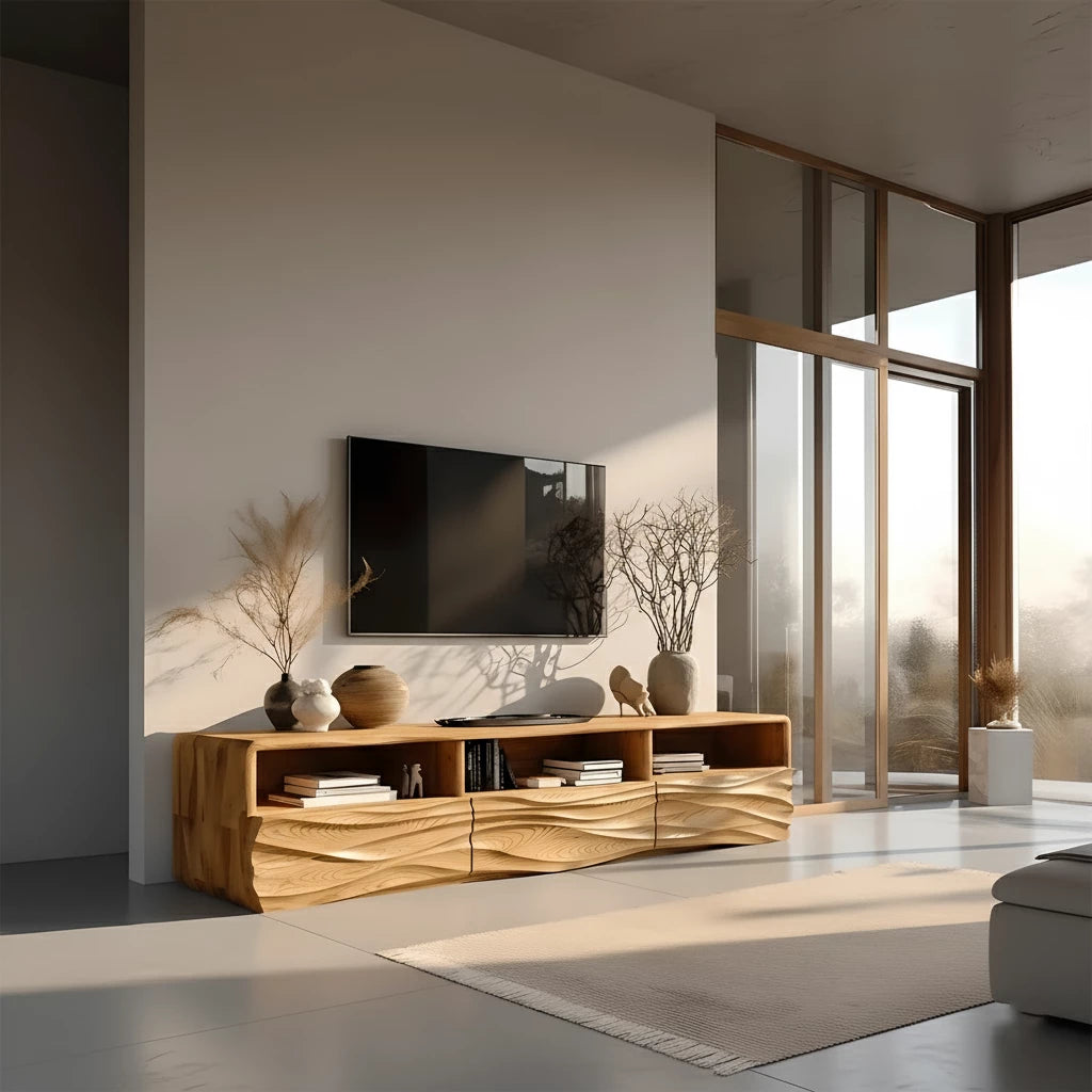 Oak Sculpted TV Stand with Open Shelves – Japandi Media Console - Rustira