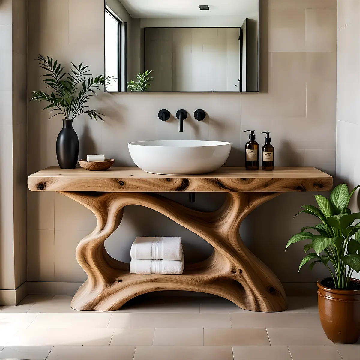 Rustic Sculpted Solid Wood Live Edge Bathroom Vanity - Rustira