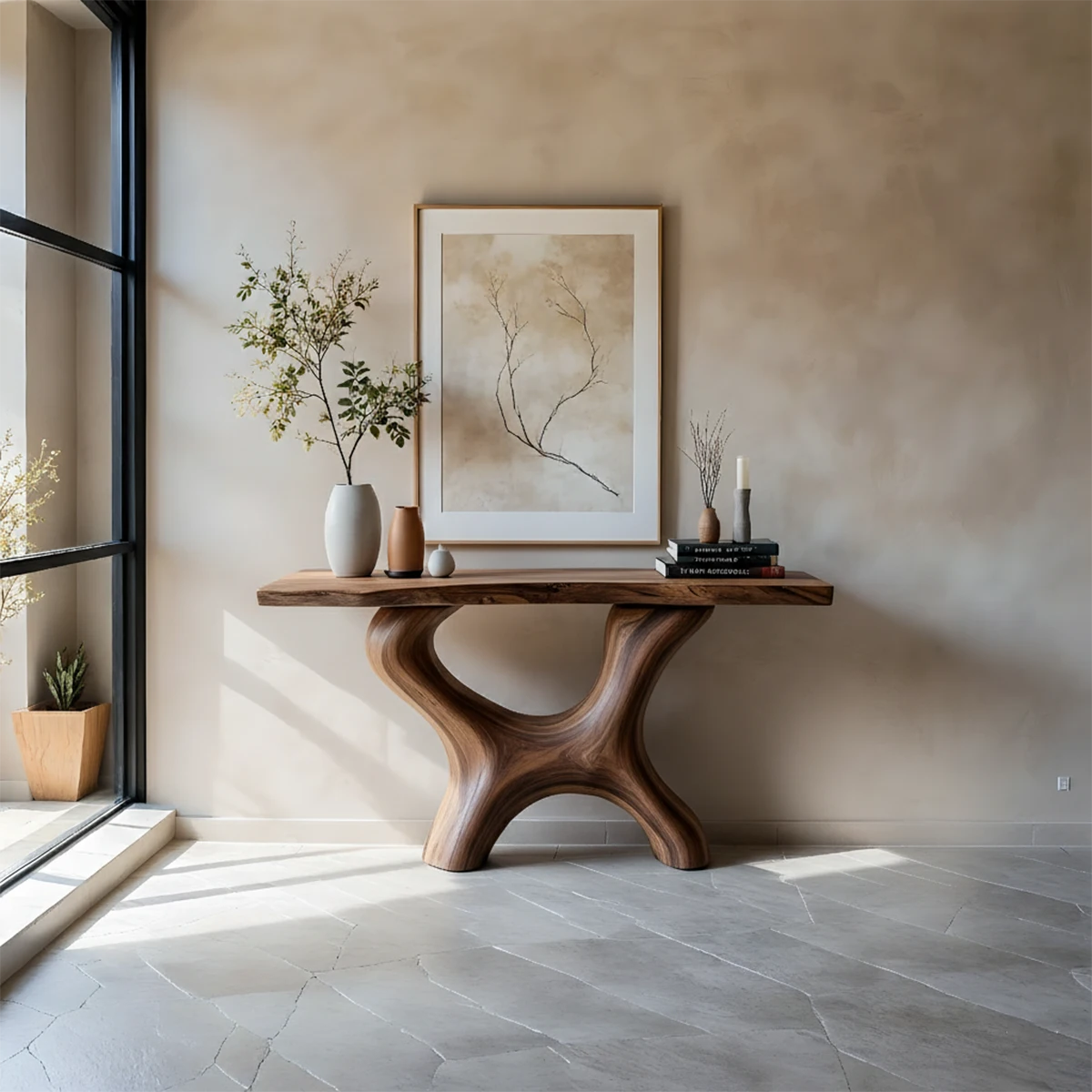 Organic Curved Solid Wood Console Table – Sculptural Minimalist Table - Rustira