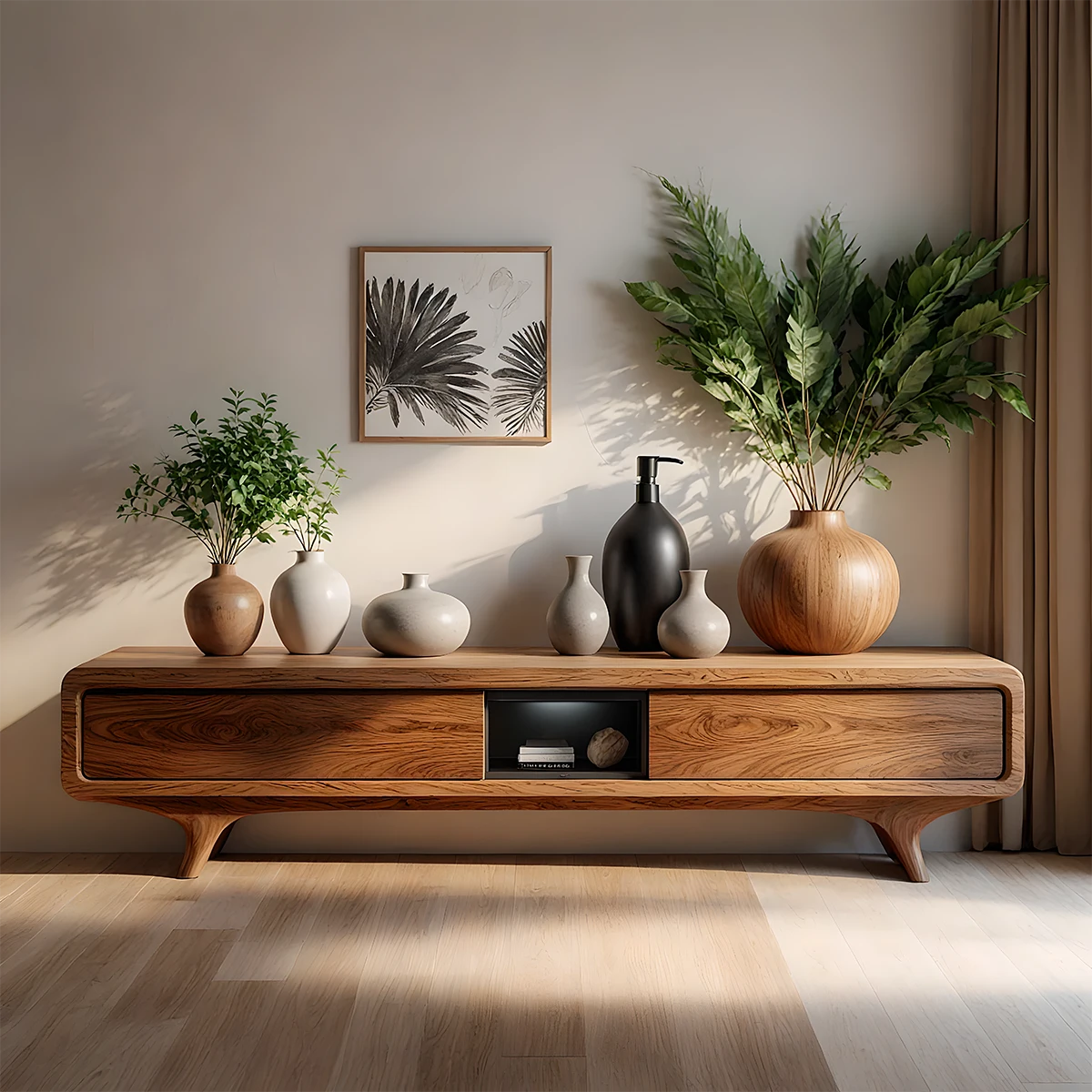 Organic Curved Solid Wood TV Stand – Mid-Century Modern Media Console - Rustira