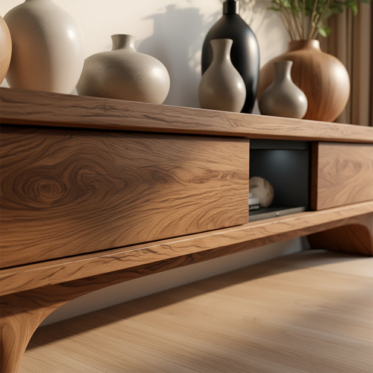 Organic Curved Solid Wood TV Stand – Mid-Century Modern Media Console - Rustira