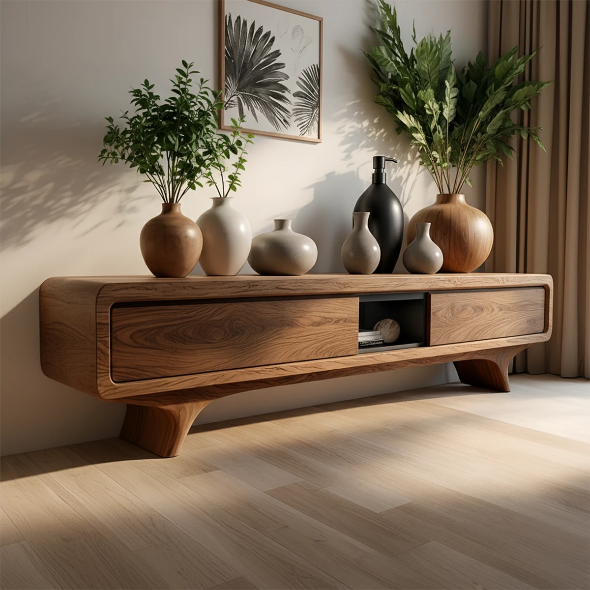 Organic Curved Solid Wood TV Stand – Mid-Century Modern Media Console - Rustira