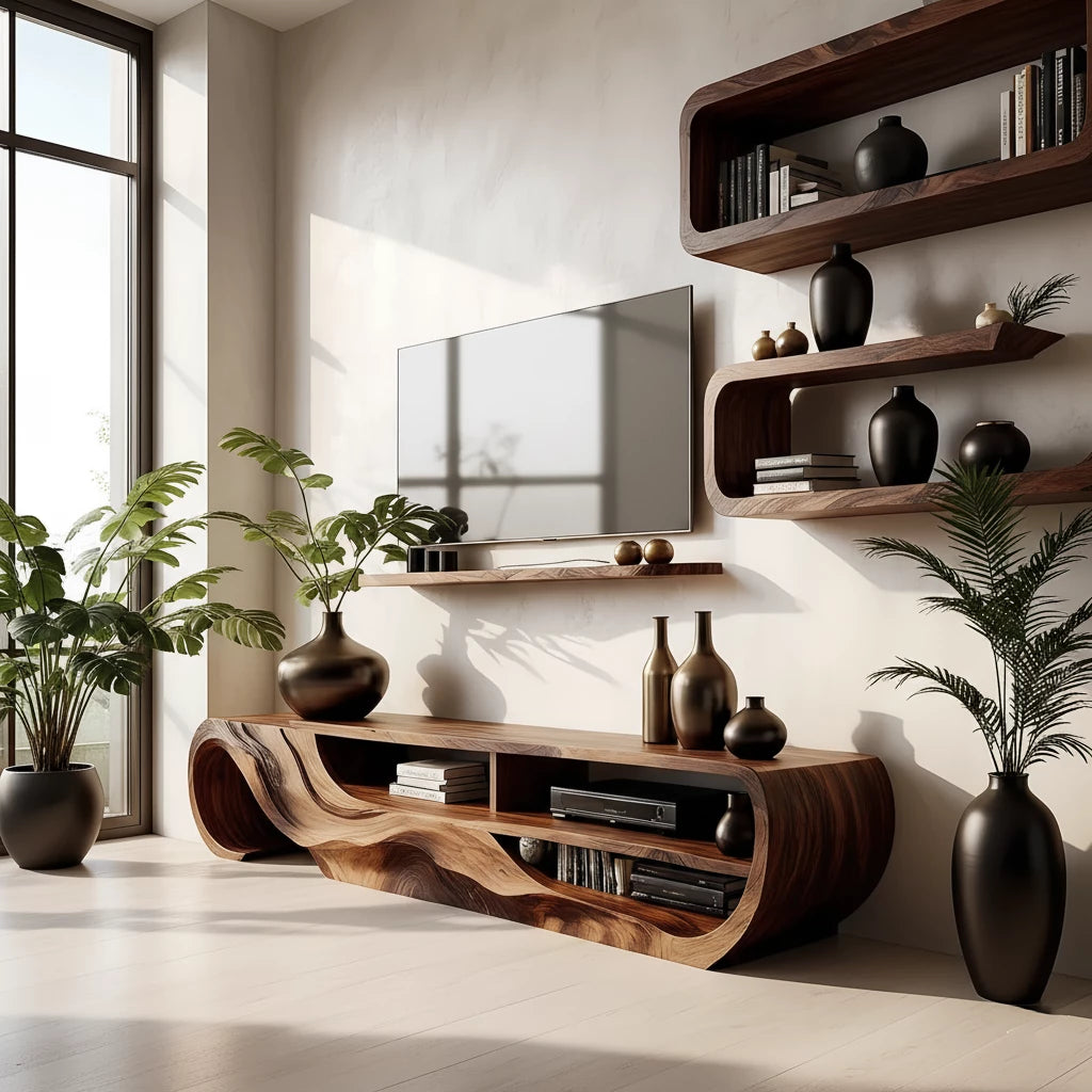 Organic Sculpted Solid Walnut TV Stand - Curved Modern Media Console - Rustira
