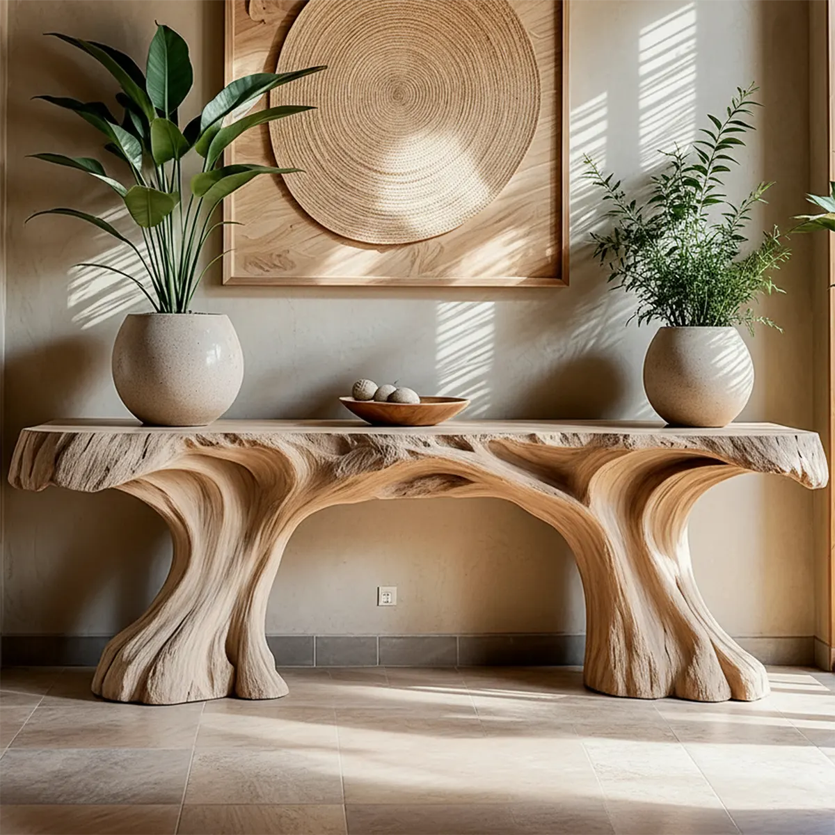 Organic Sculptural Solid Wood Console Table — Natural Modern Design - Rustira