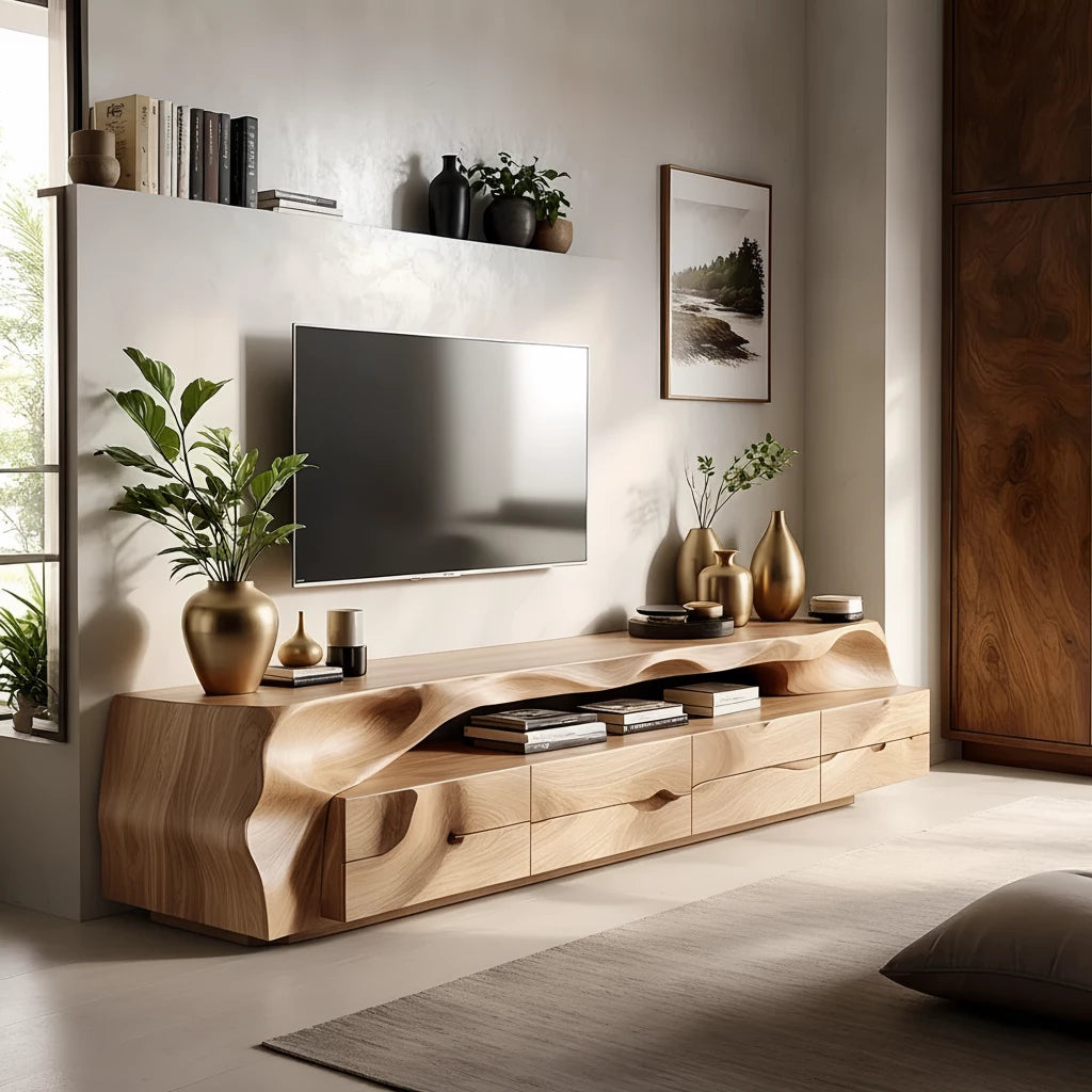 Organic Solid Wood Wave TV Stand - Sculpted Luxury Media Console - Rustira