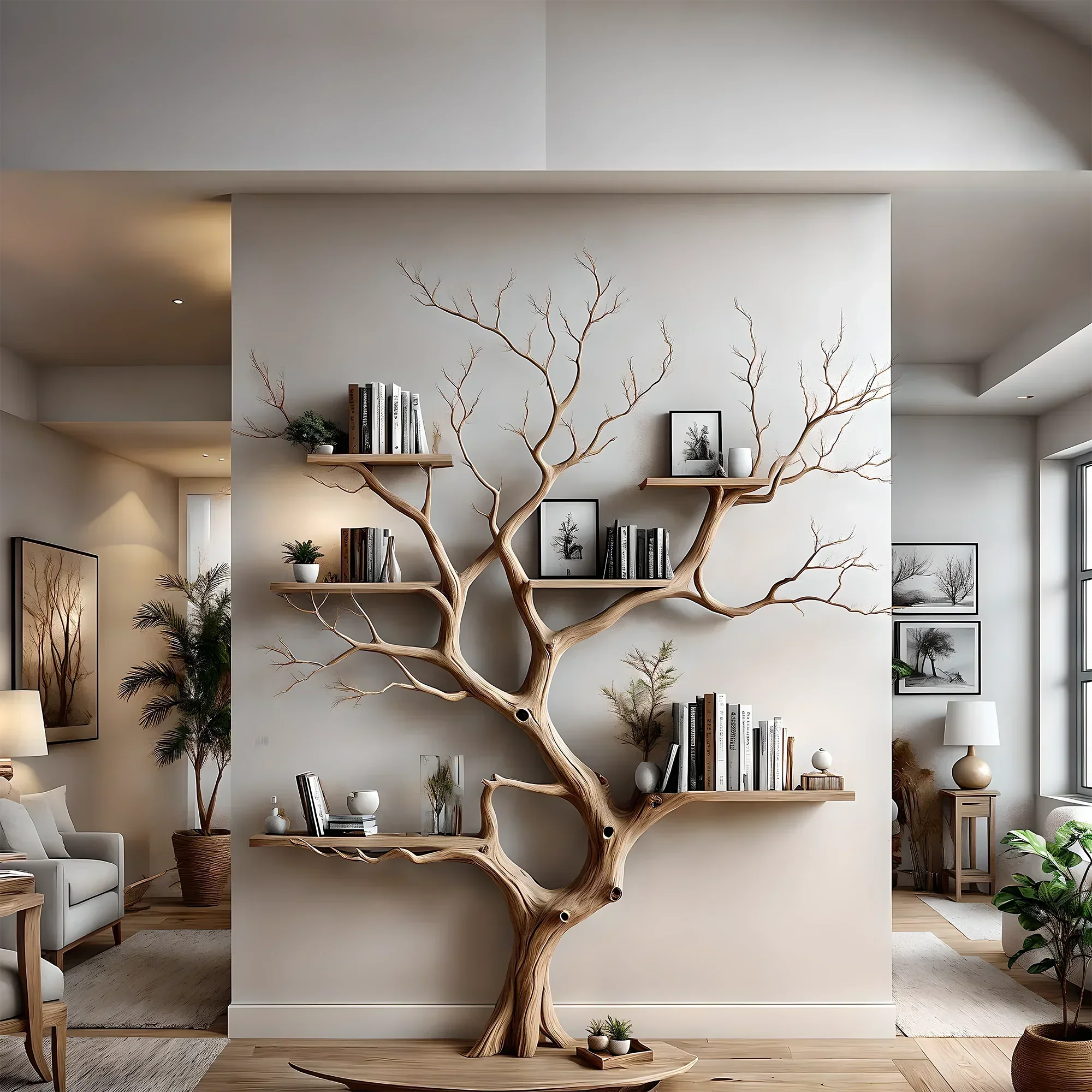 Tree-shaped wall-mounted bookshelf, solid wood scahs shelf, decorative wall shelf for living room decoration