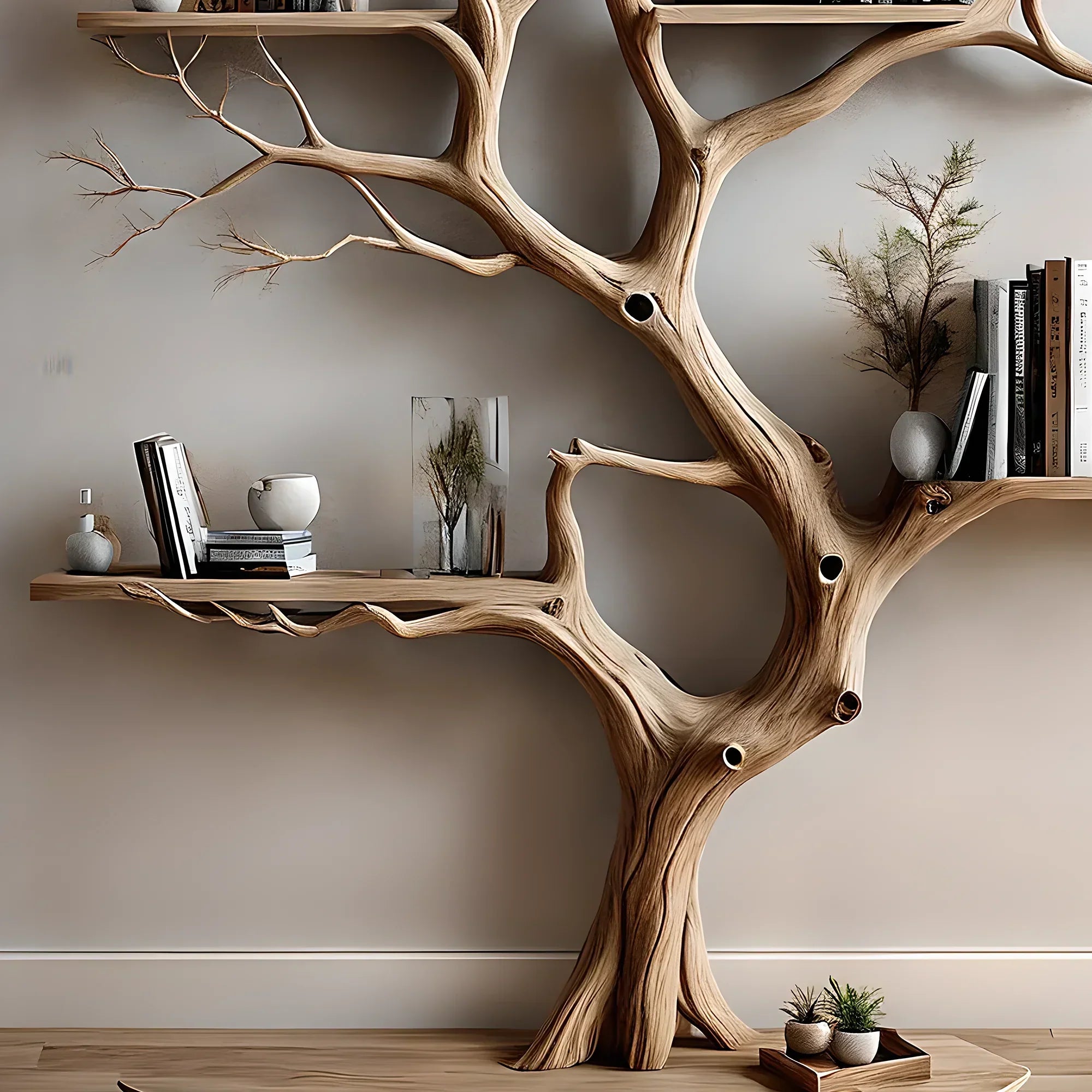 Tree-shaped wall-mounted bookshelf, solid wood scahs shelf, decorative wall shelf for living room decoration