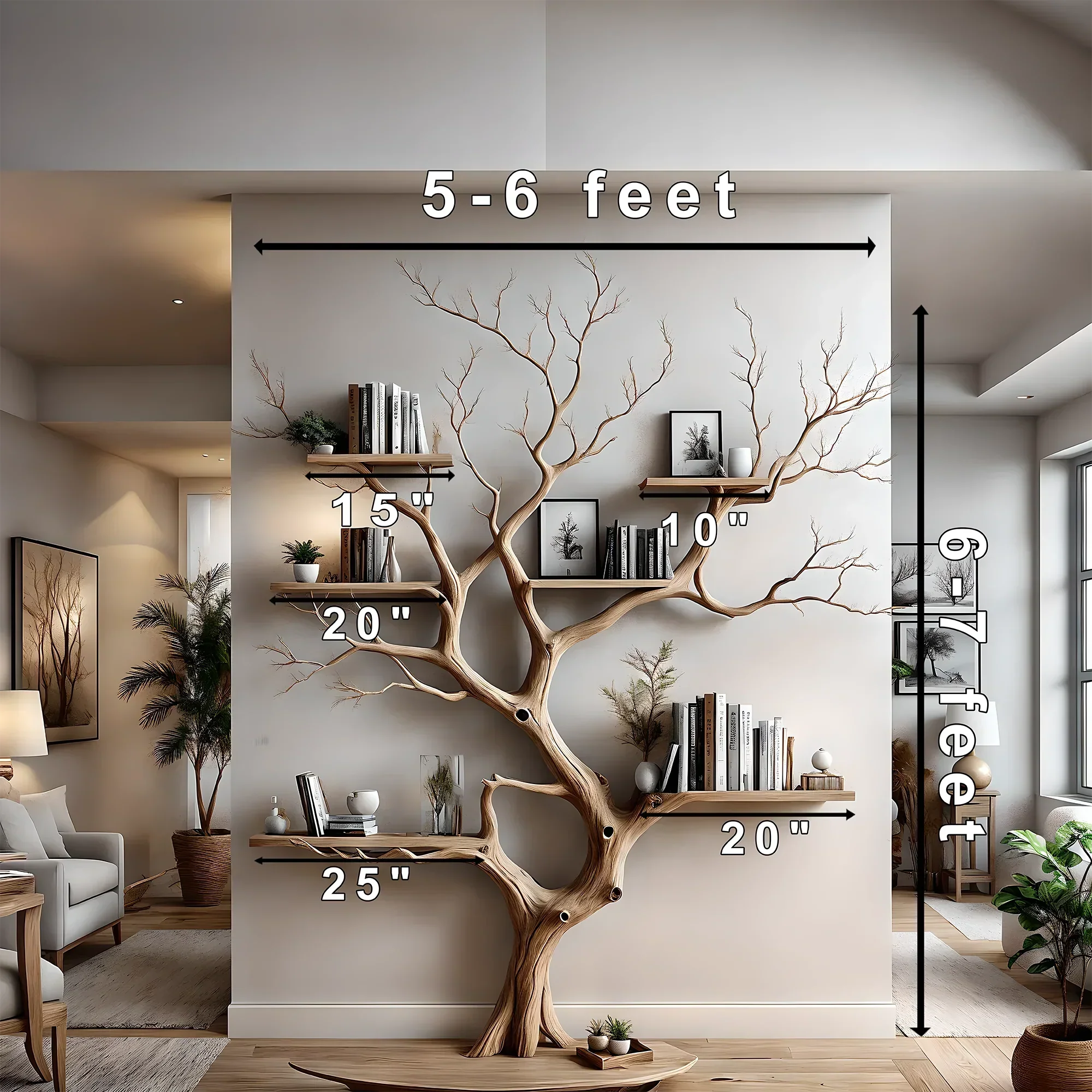 Tree-shaped wall-mounted bookshelf, solid wood scahs shelf, decorative wall shelf for living room decoration